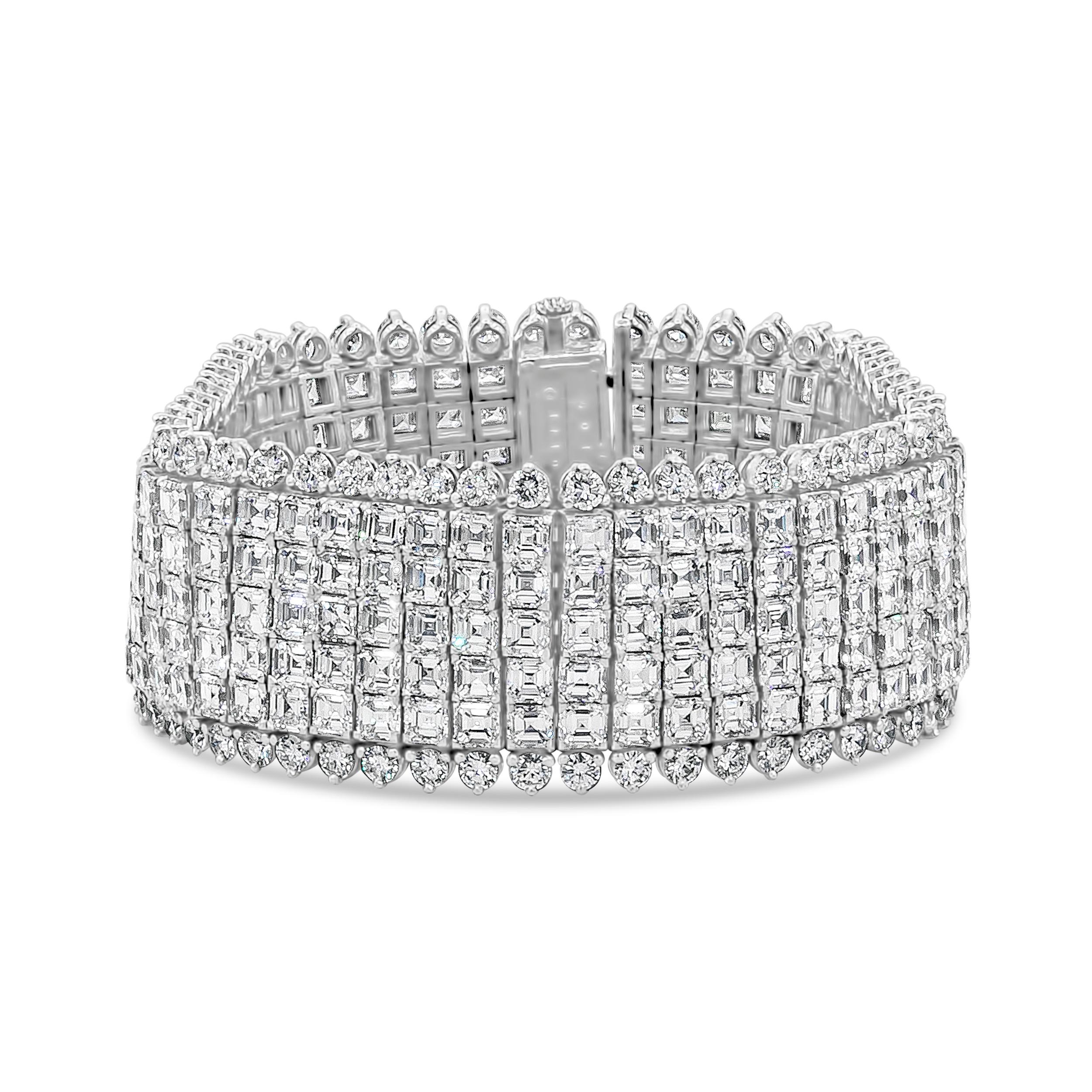 A finely crafted bracelet by Oscar Heyman, showcasing five rows of 265 pieces of Asscher cut diamonds weighing 45.25 carats total with F color and VS clarity. It is accented by a row of 106 round brilliant cut diamonds on either side weighing 6.63