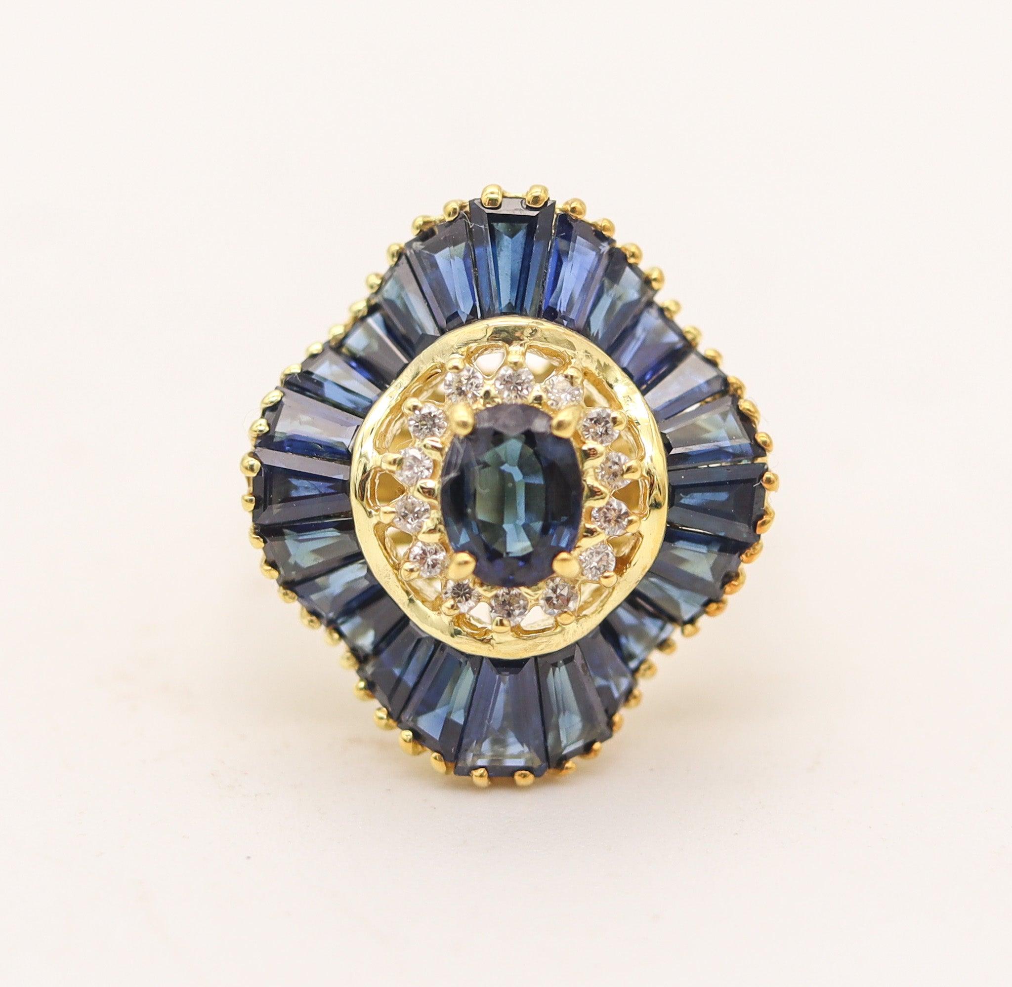 Modernist OSCAR HEYMAN Ballerina Cocktail Ring 18Kt Gold 2.86 Ctw Diamonds & Sapphires For Sale