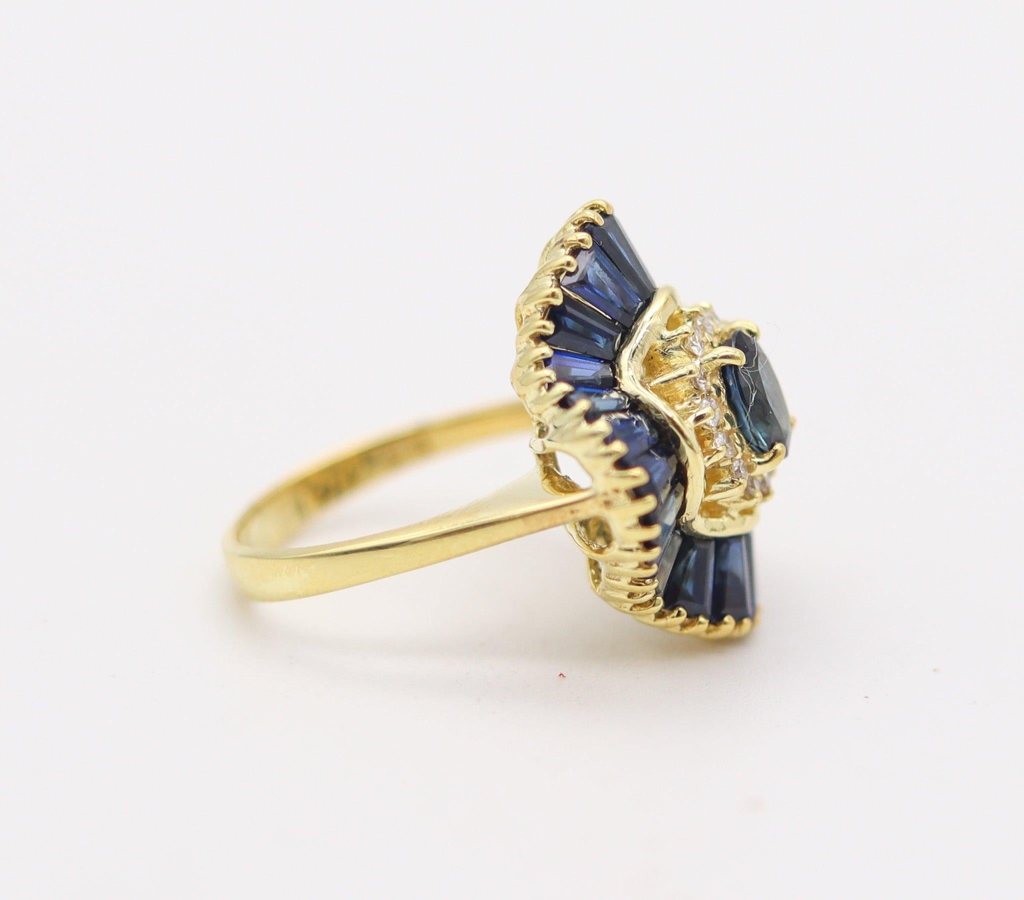 Baguette Cut OSCAR HEYMAN Ballerina Cocktail Ring 18Kt Gold 2.86 Ctw Diamonds & Sapphires For Sale