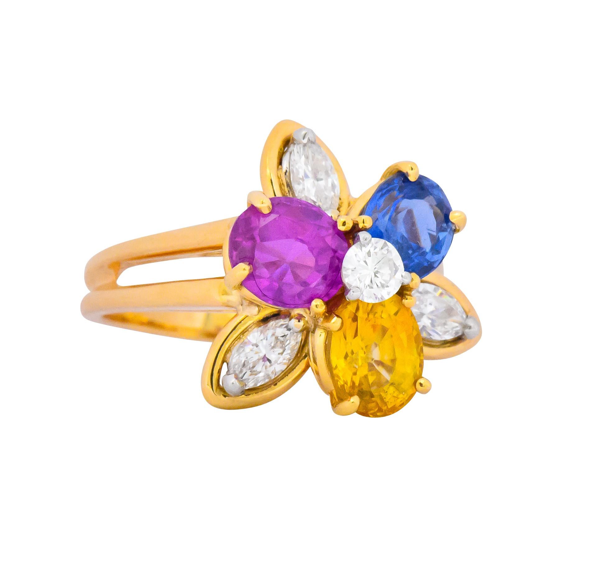 Retro Oscar Heyman Bros. 4.05 Carats Sapphire Diamond 18 Karat Gold Floral Ring