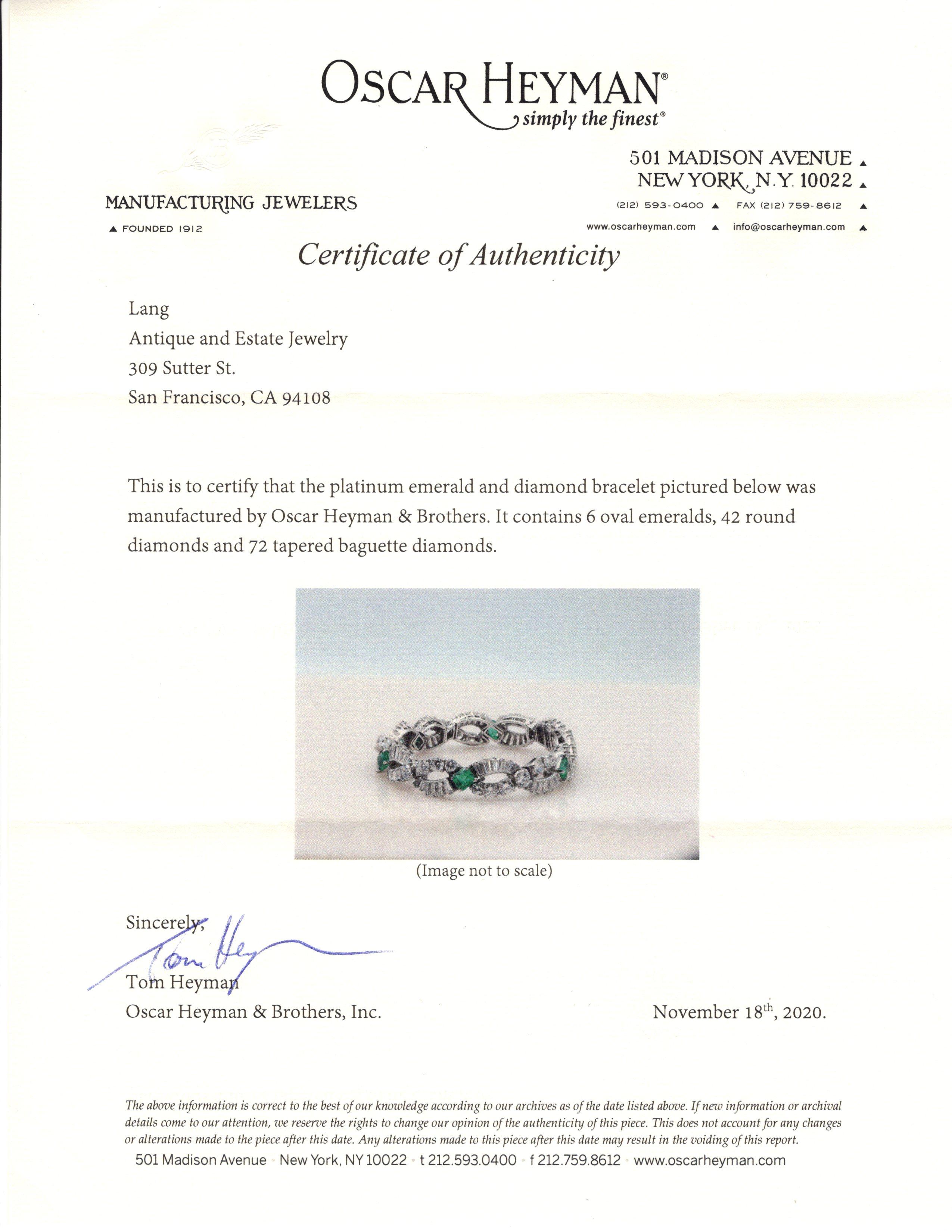Oscar Heyman & Bros. Emerald Platinum Diamond Bracelet In Good Condition For Sale In San Francisco, CA