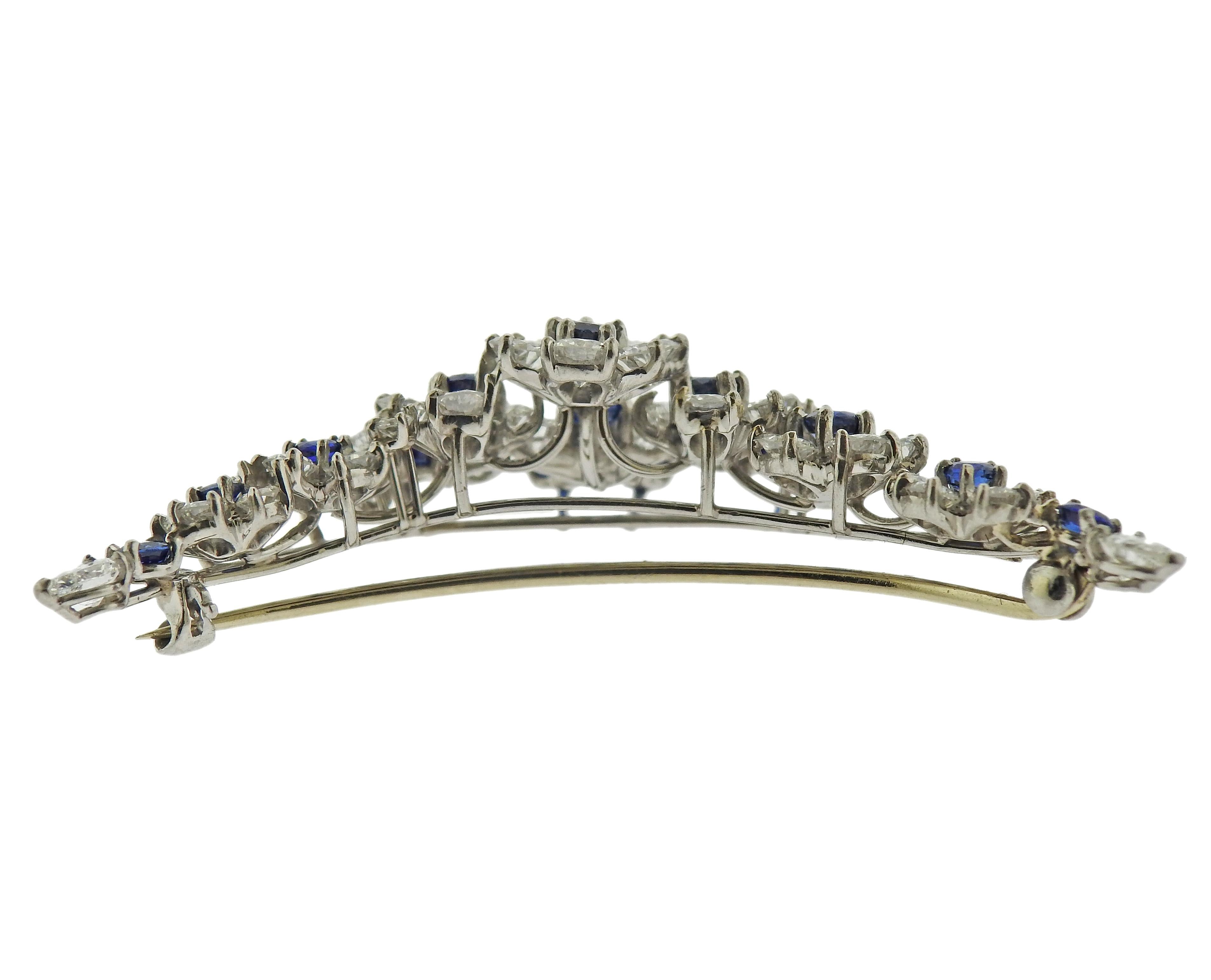 Round Cut Oscar Heyman Bros. Exquisite Platinum Diamond Sapphire Brooch For Sale