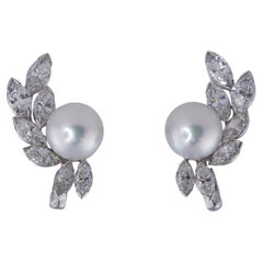 Oscar Heyman Bros Platinum Pearl & Marquise Diamond Earrings