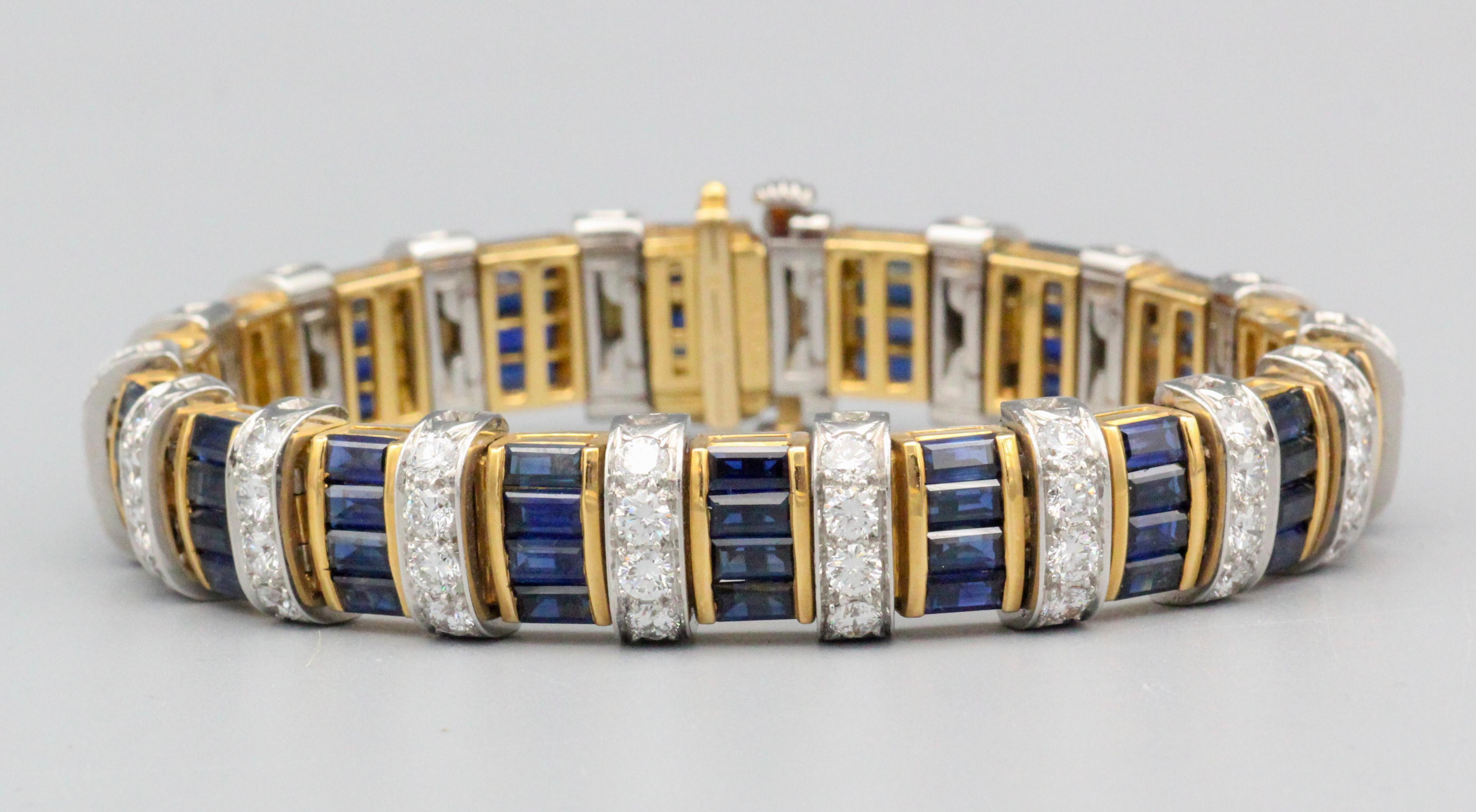 The Oscar Heyman Bros. Sapphire and Diamond 18k Gold Platinum Bracelet is a testament to the brand's legacy of exceptional craftsmanship and timeless design. 

The bracelet features a captivating design that showcases a combination of baguette-cut