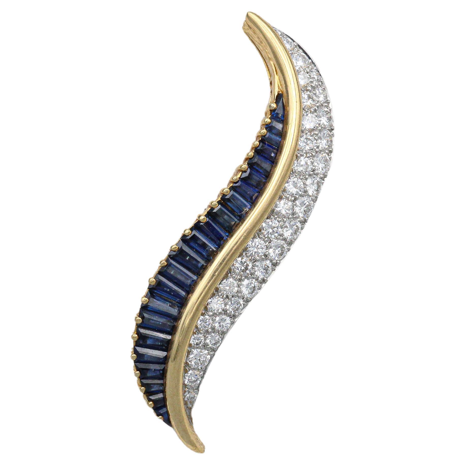 Oscar Heyman & Bros. Sapphire Diamond 18k Gold Platinum Brooch For Sale
