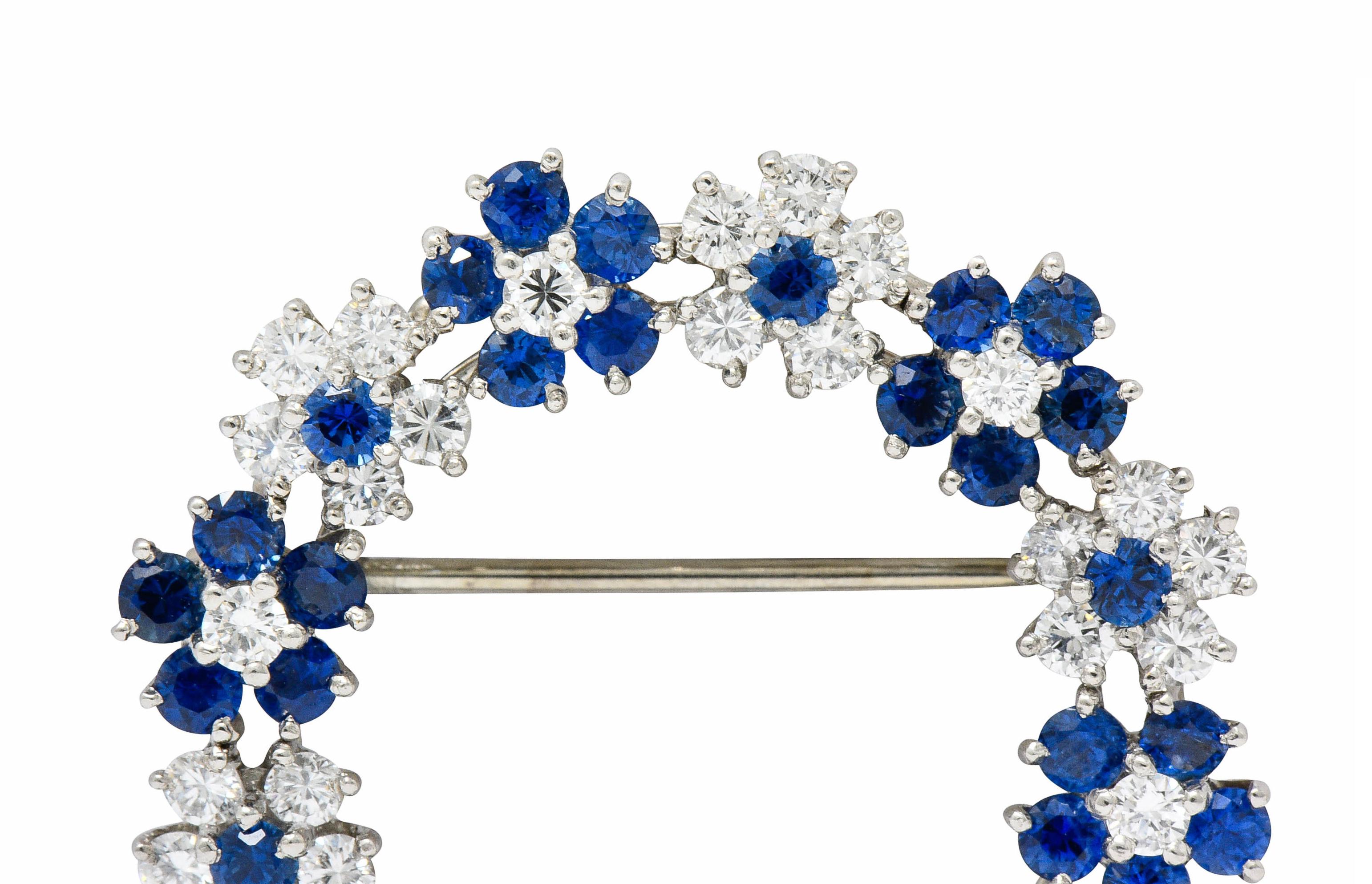 Oscar Heyman Bros, Vintage 5.40 Carat Sapphire Diamond Platinum Floral Brooch In Excellent Condition In Philadelphia, PA