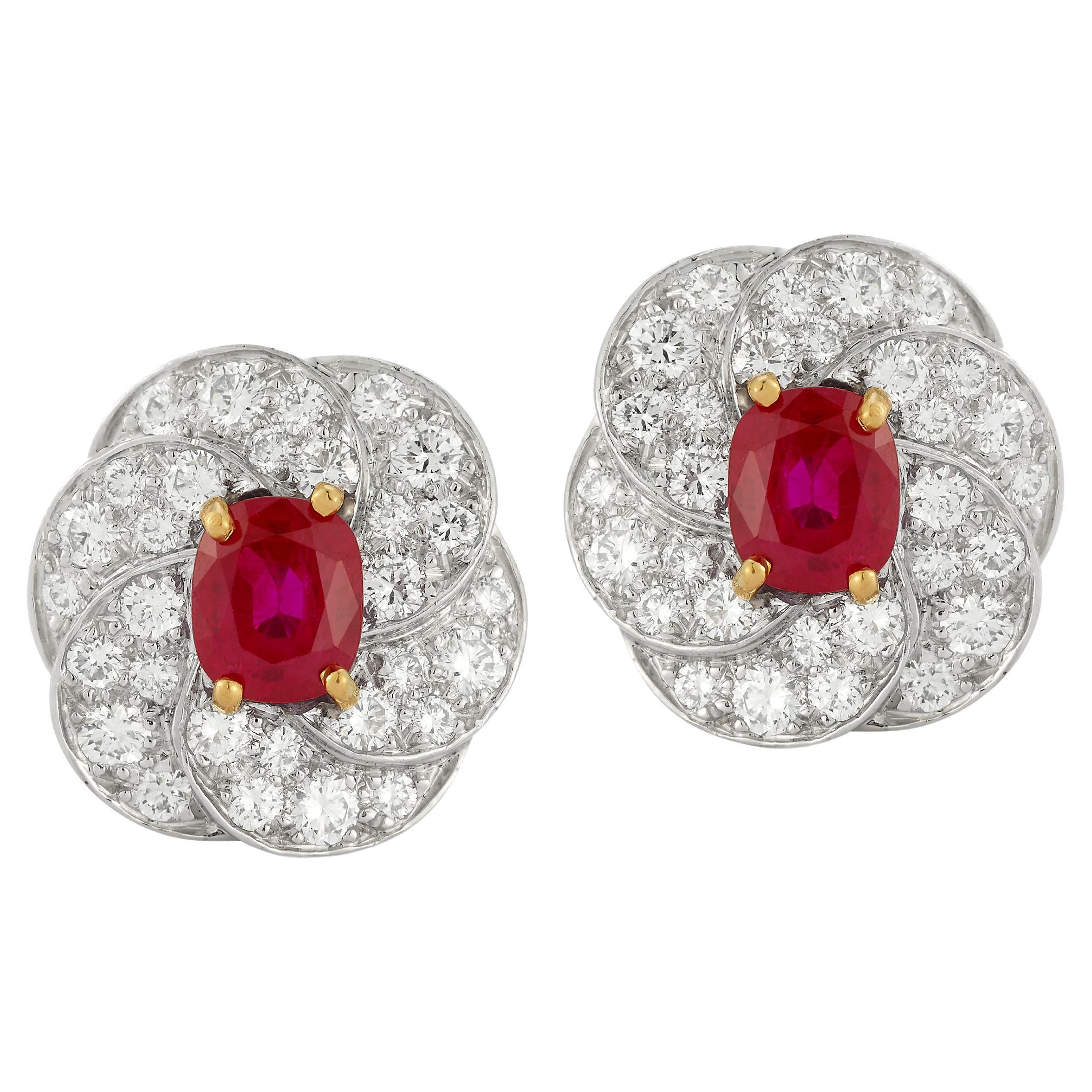 Oscar Heyman Brothers Certified Burmese Ruby & Diamond Earrings For Sale