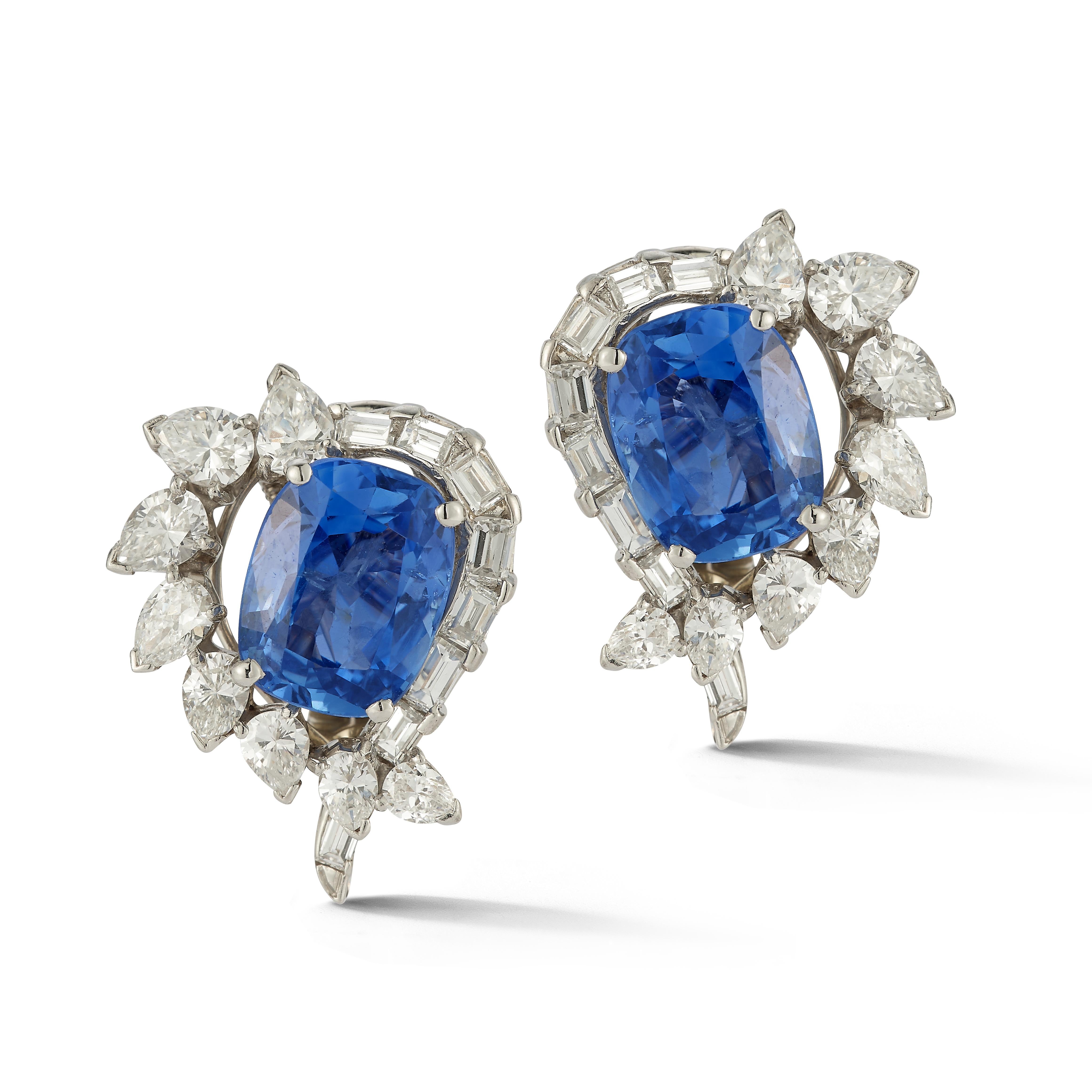 Oscar Heyman Brothers Sapphire and Diamond Earrings 

A beautiful pair of platinum earrings set with GIA-certified natural sapphires and graduating pear and baguette shaped diamonds. 

Accompanied by a GIA report stating the Sapphires are of Sri