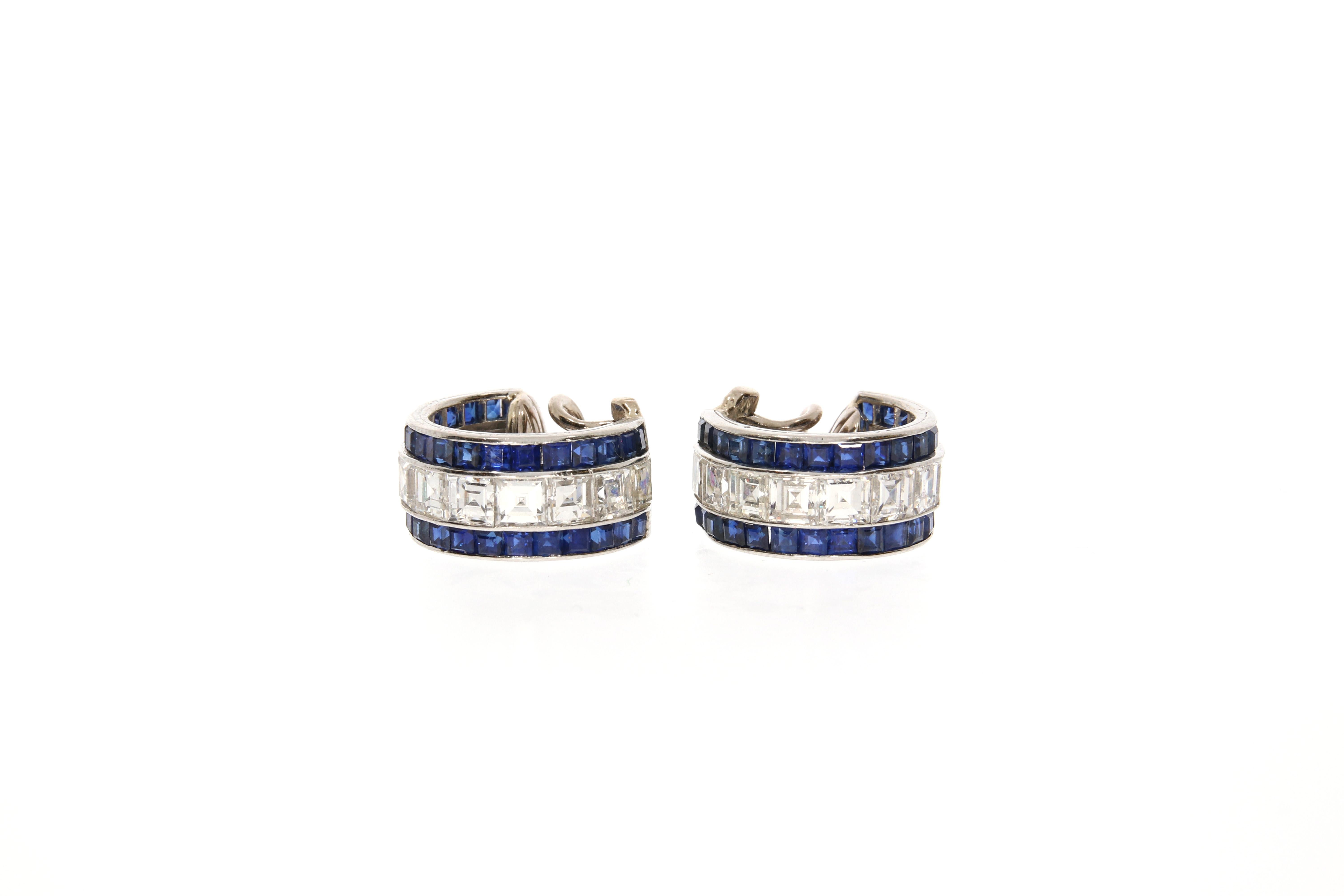 Oscar Heyman & Brothers Diamond and Sapphire Platinum Hoop Earrings, circa 1950 In Excellent Condition For Sale In Munich, DE