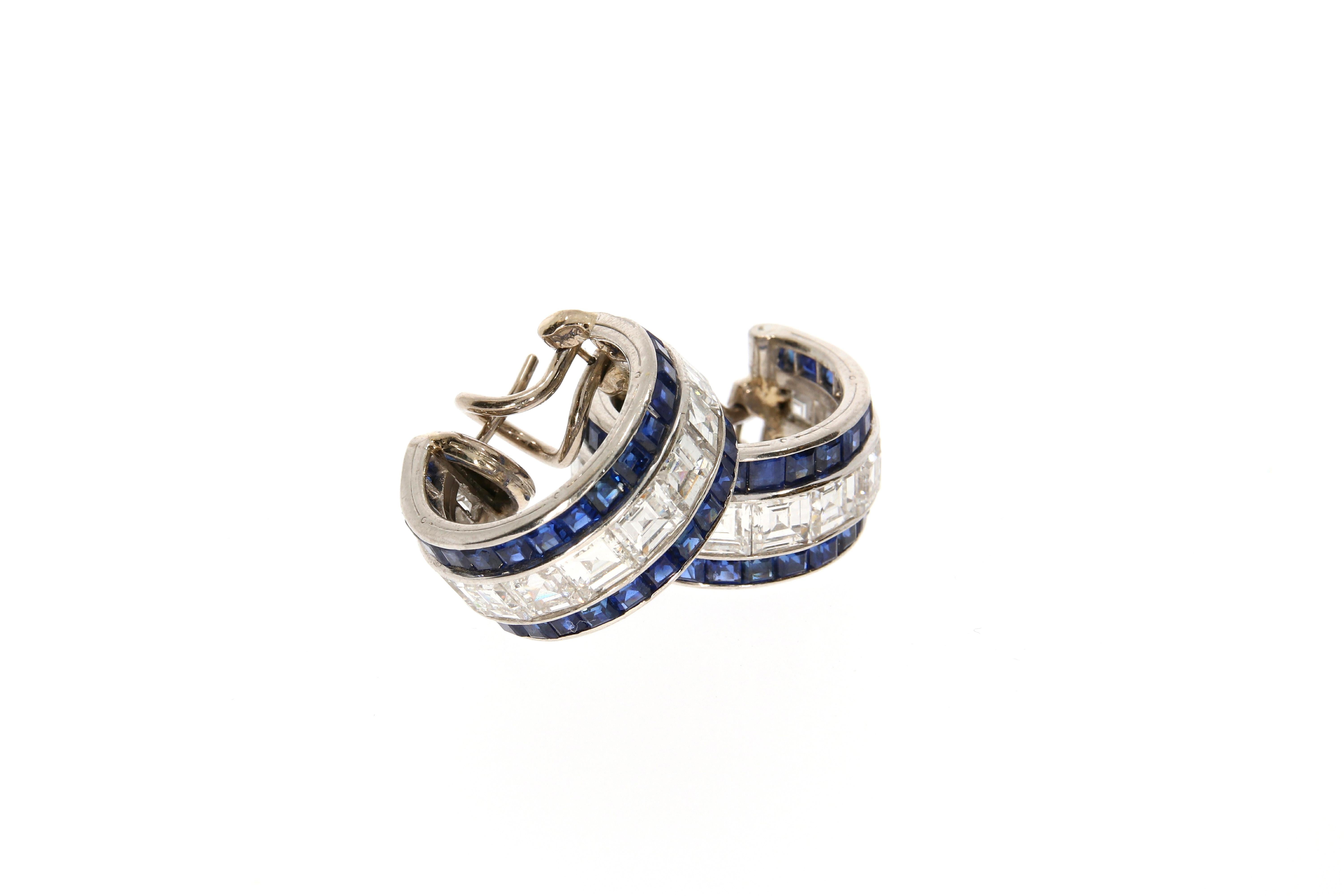 Women's Oscar Heyman & Brothers Diamond and Sapphire Platinum Hoop Earrings, circa 1950 For Sale