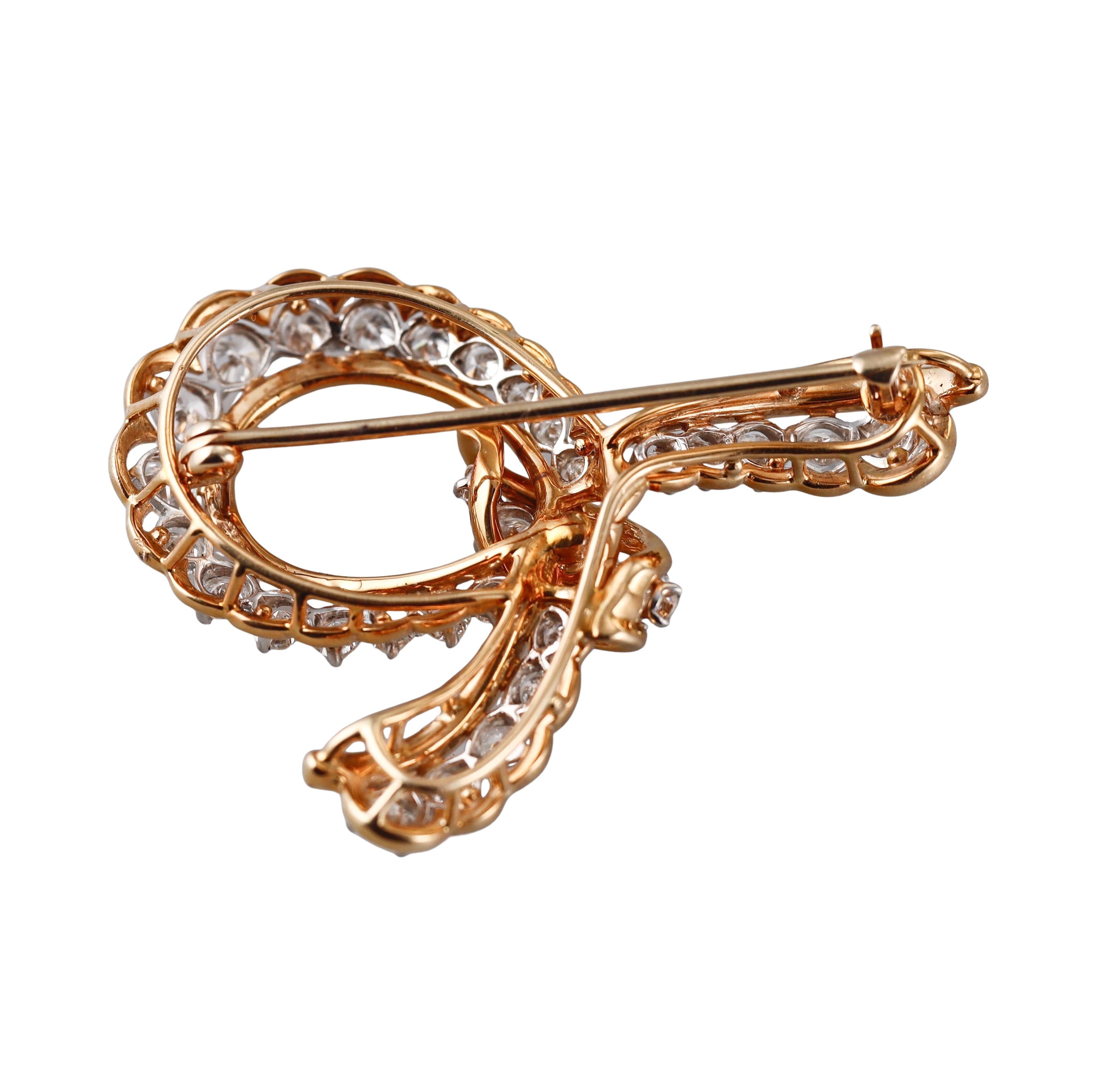 Round Cut Oscar Heyman Brothers Diamond Yellow Gold Platinum Ribbon Brooch For Sale