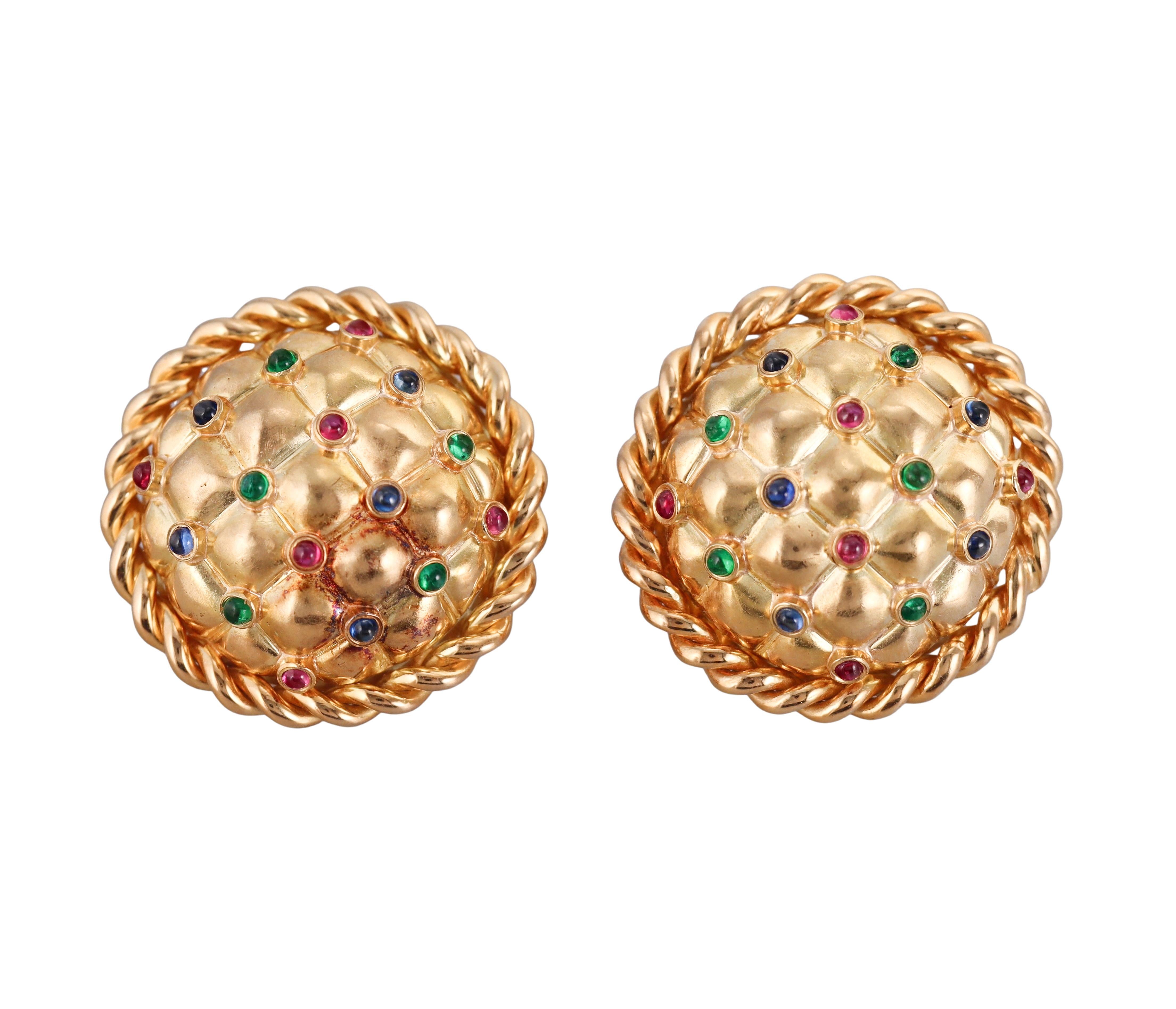 Oscar Heyman Brothers Emerald Ruby Sapphire Yellow Gold Earrings In Excellent Condition For Sale In New York, NY