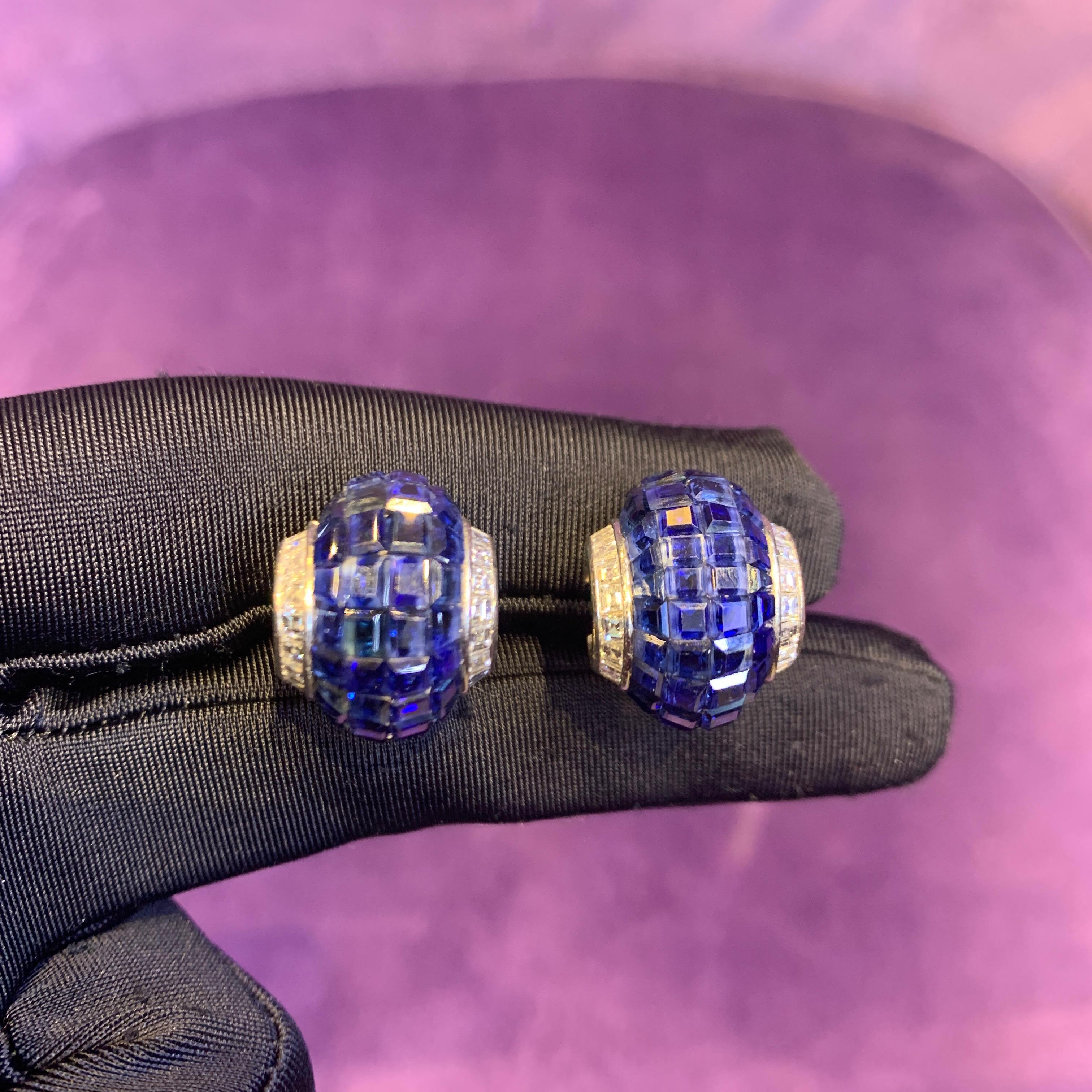 Oscar Heyman Brothers Invisible Set Sapphire & Diamond Earrings  In Excellent Condition For Sale In New York, NY