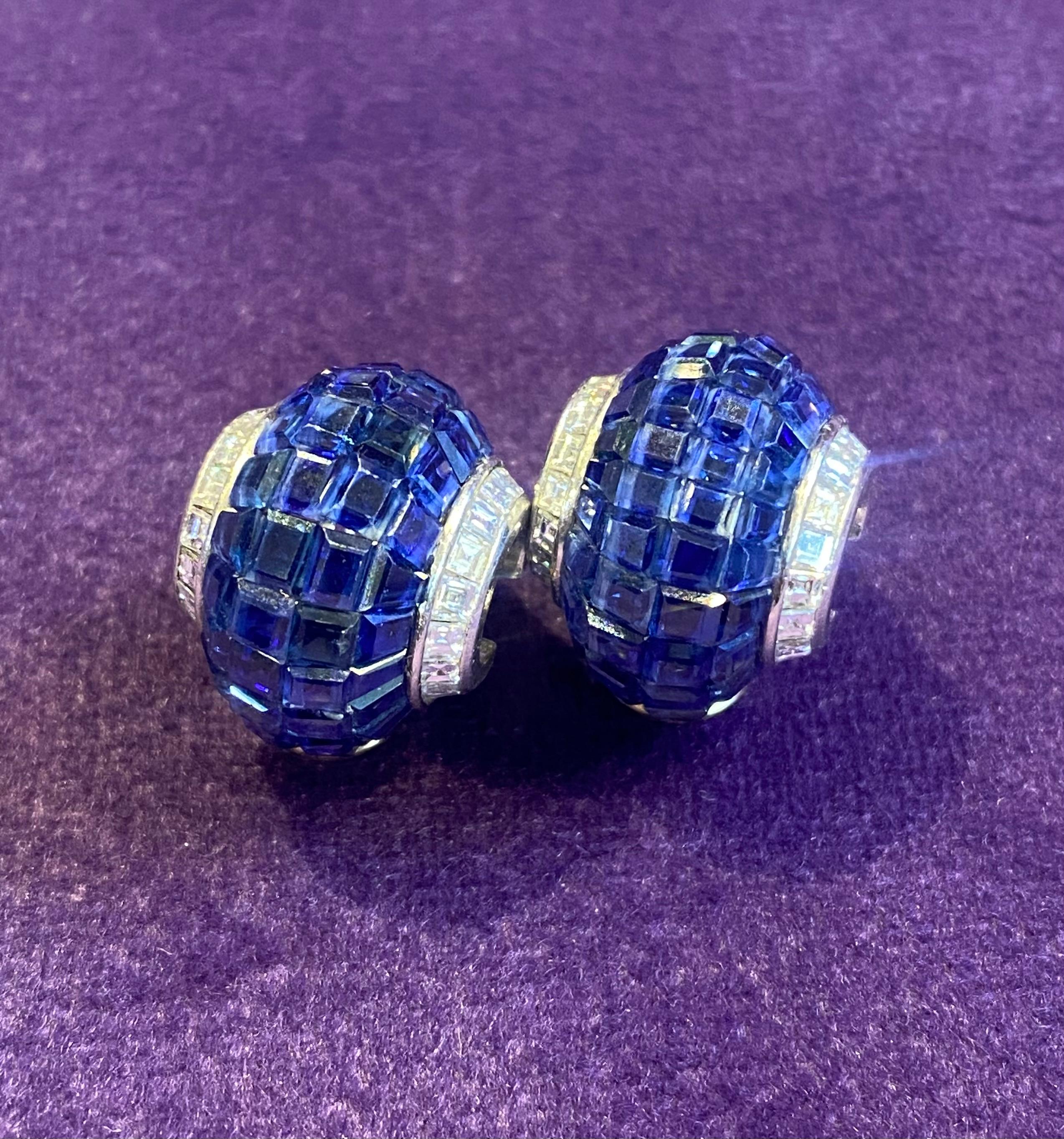 Women's Oscar Heyman Brothers Invisible Set Sapphire & Diamond Earrings  For Sale