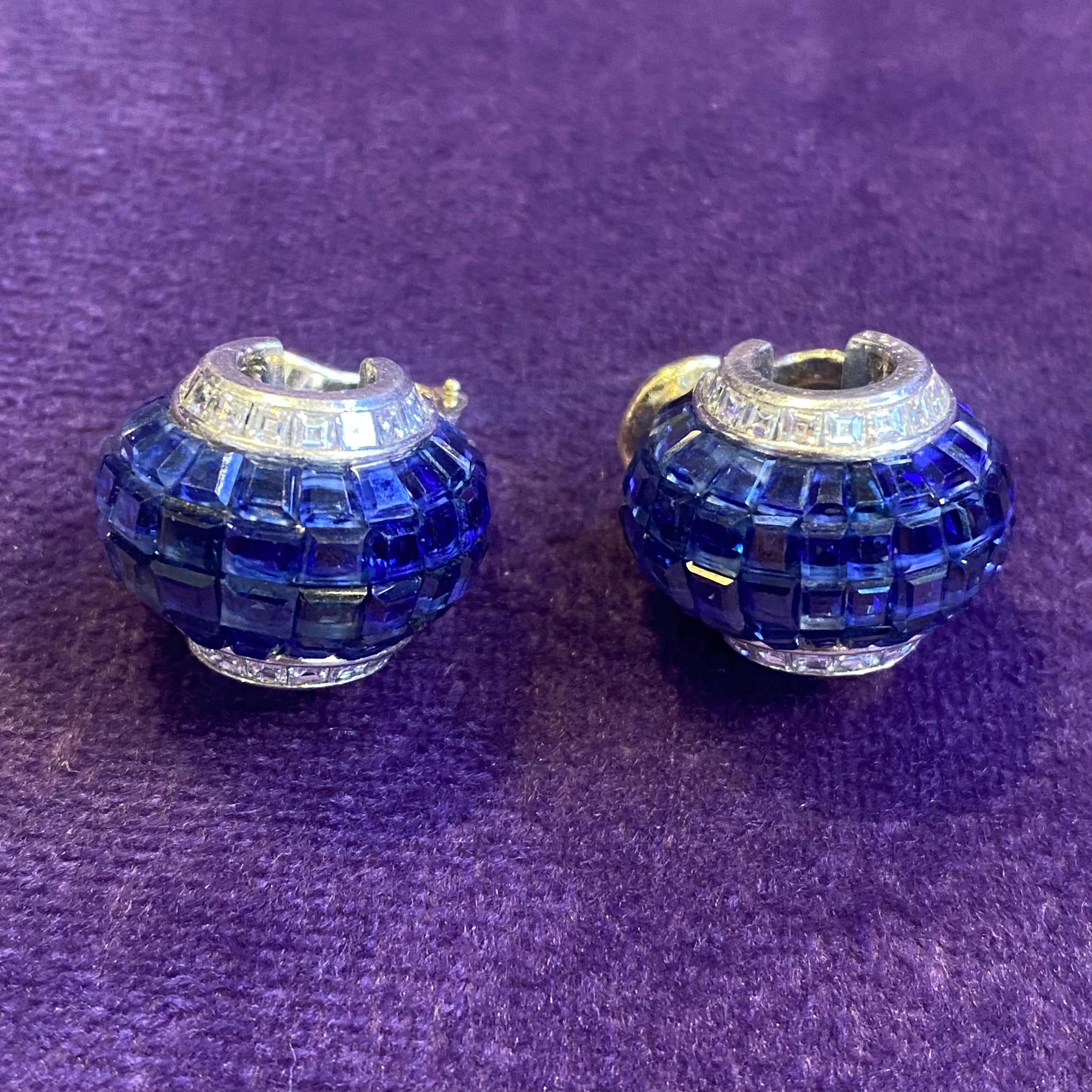 Oscar Heyman Brothers Invisible Set Sapphire & Diamond Earrings  For Sale 1