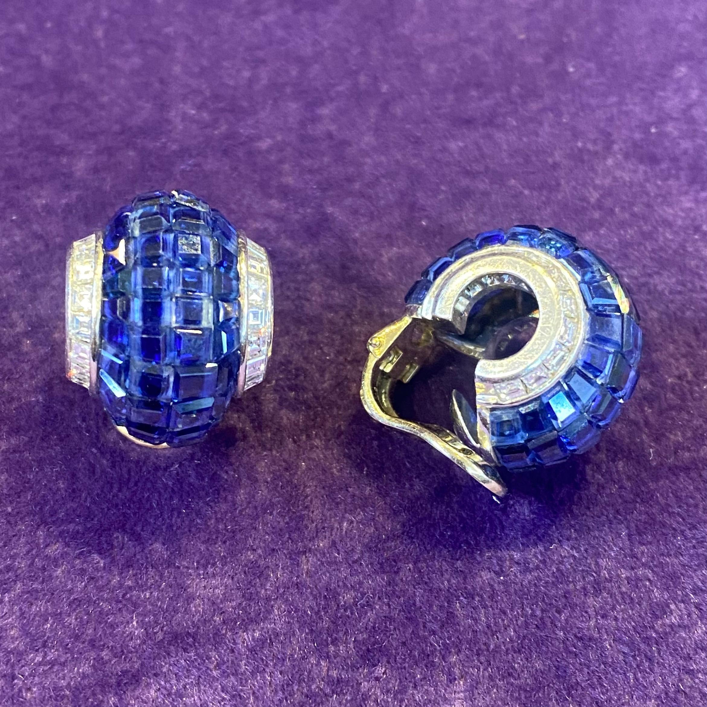 Oscar Heyman Brothers Invisible Set Sapphire & Diamond Earrings  For Sale 3