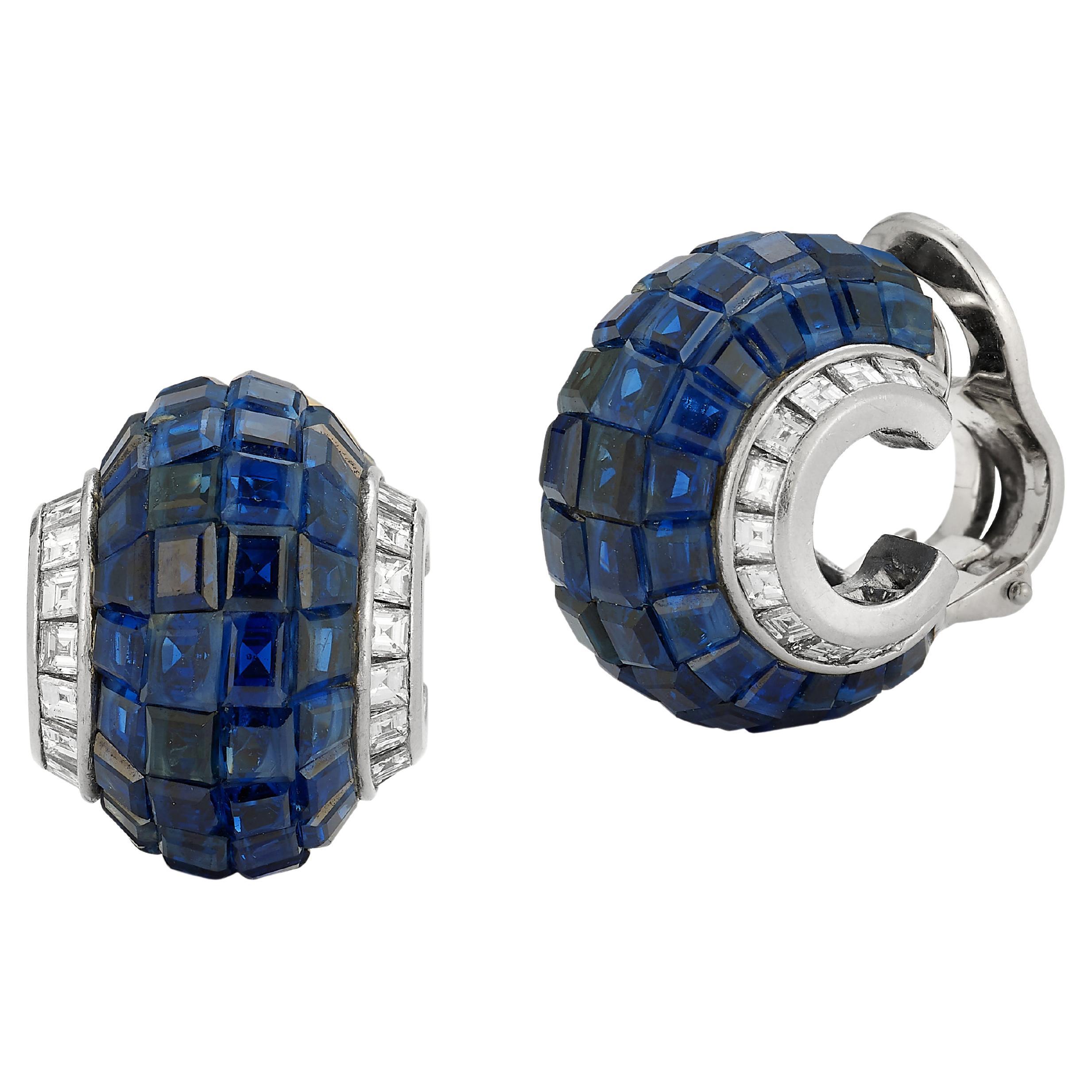 Oscar Heyman Brothers Invisible Set Sapphire & Diamond Earrings  For Sale