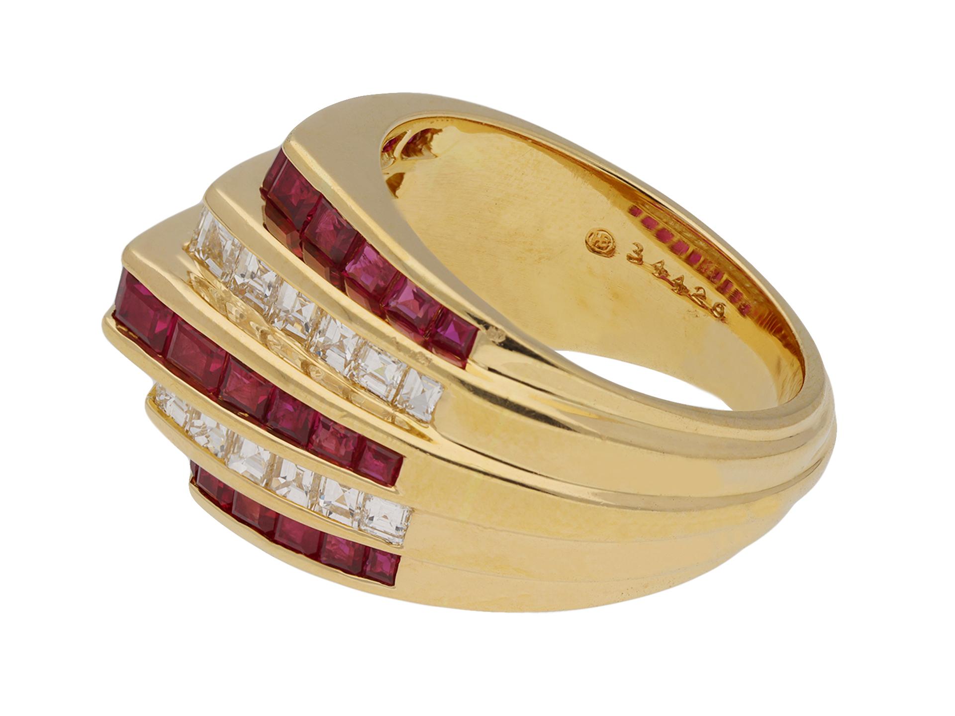 Baguette Cut Oscar Heyman Brothers ruby and diamond ring, American, circa 1940 For Sale