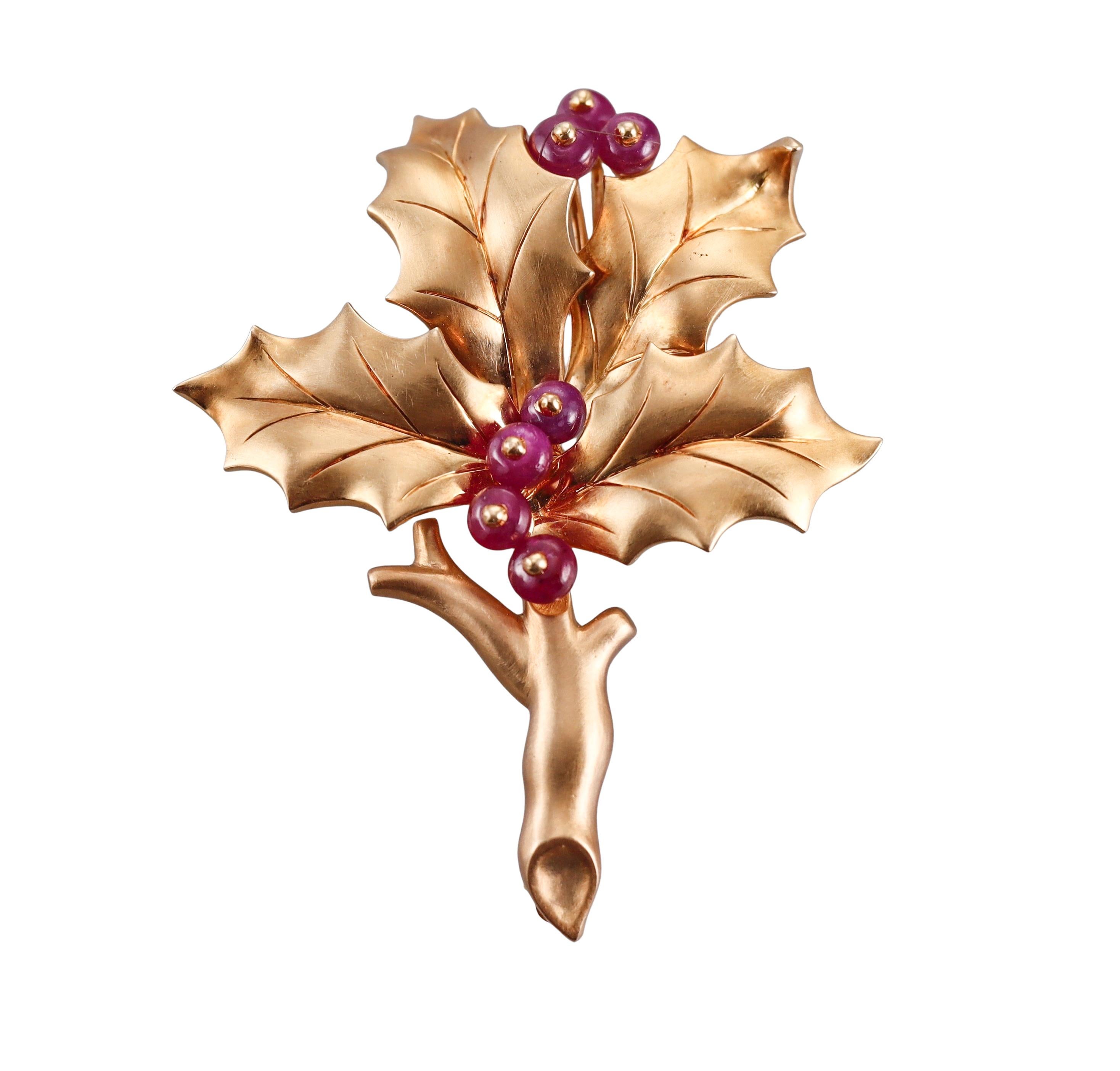 Oscar Heyman Brothers Ruby Yellow Gold Leaf Brooch
