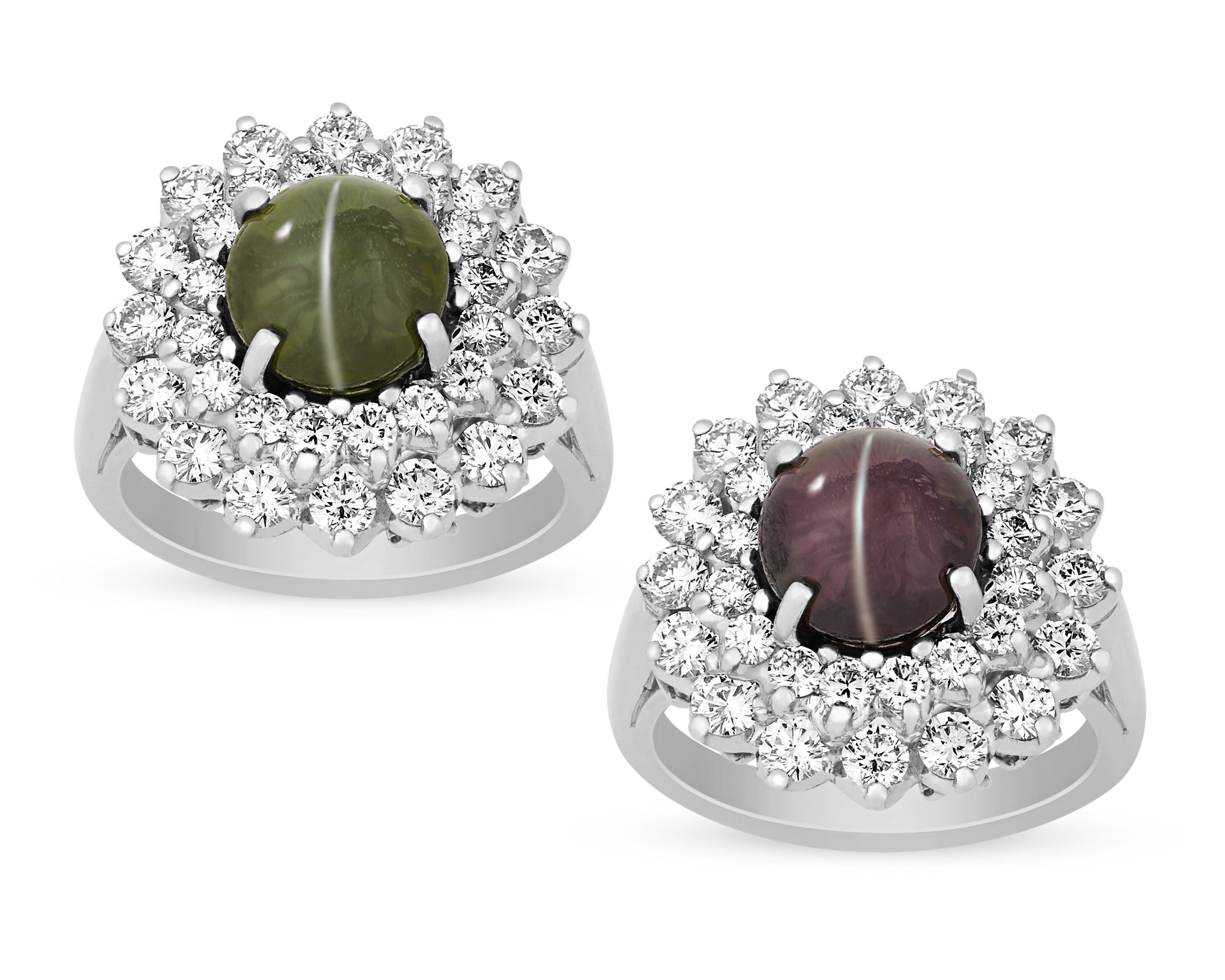 Weighing 4.73 carats, the captivating cat's eye alexandrite in this Oscar Heyman creation exhibits the unique color change for which these rare stones are legendary. The cabochon stone displays a lovely yellowish-green hue in daylight and a