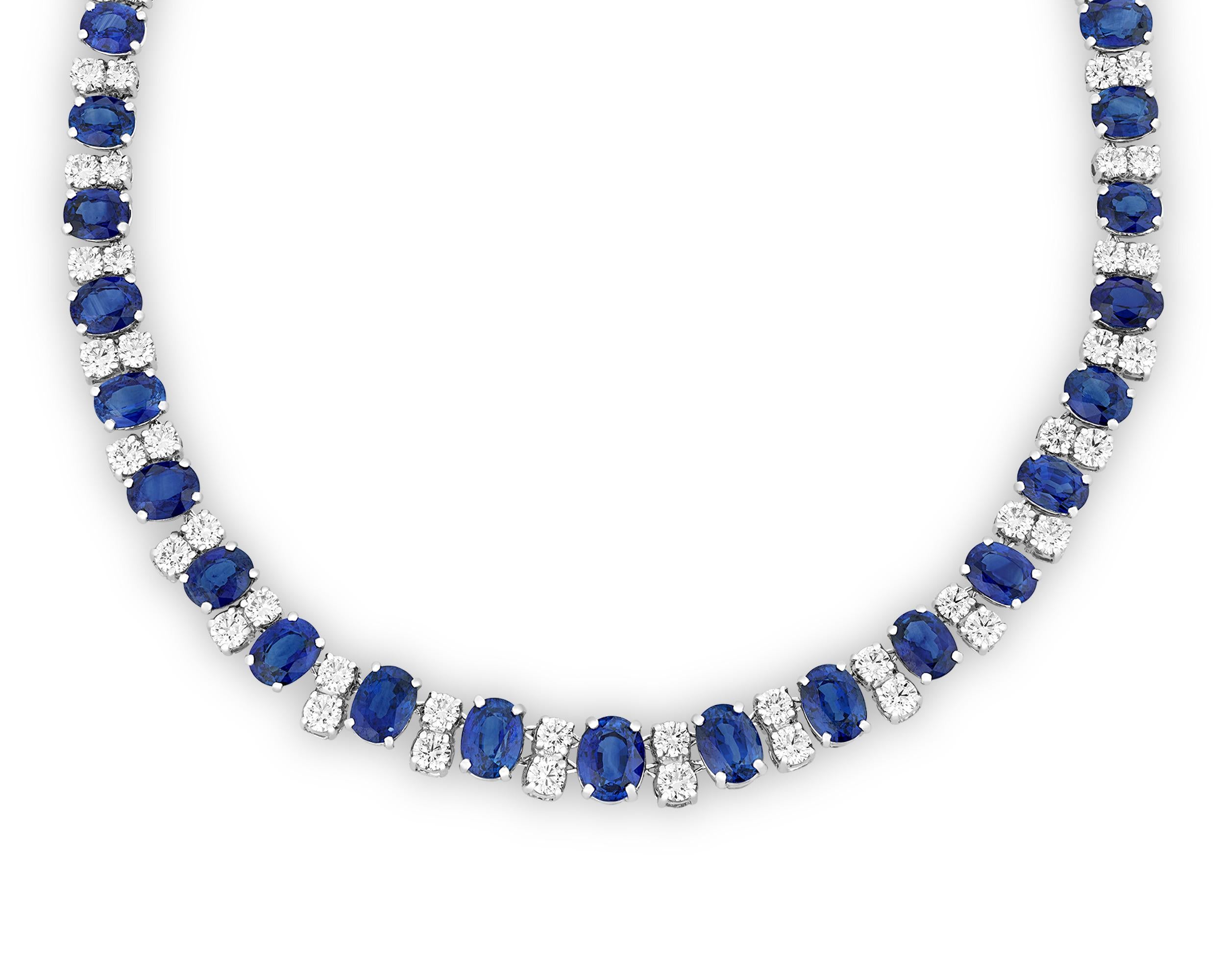 This stunning sapphire necklace by famed American jeweler Oscar Heyman is exemplary of the house's highest standards. The 42 oval-cut Ceylon sapphires in the graduated strand are perfectly matched, each displaying the ideal, highly coveted blue hue