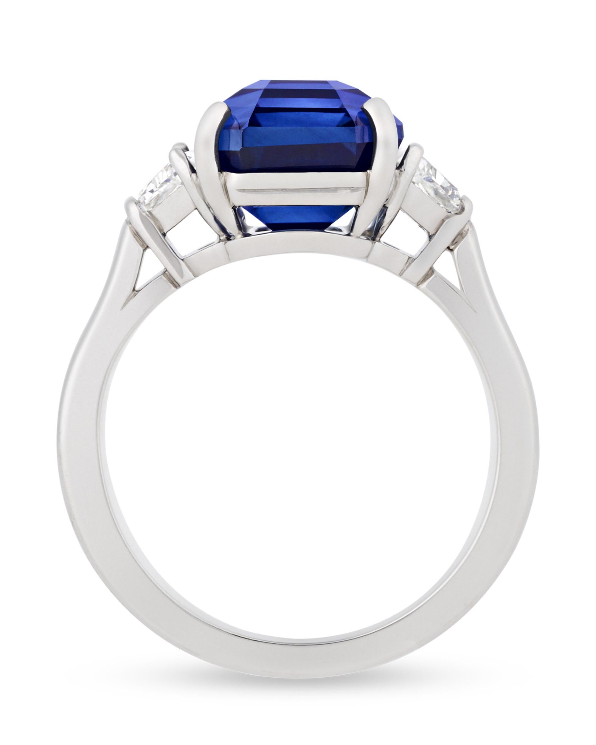 A 7.57-carat Ceylon sapphire displays its coveted royal blue hue at the center of this ring by the celebrated Oscar Heyman. Ceylon sapphires stand among the most sought-after colored gemstones and are highly treasured among gem collectors for their