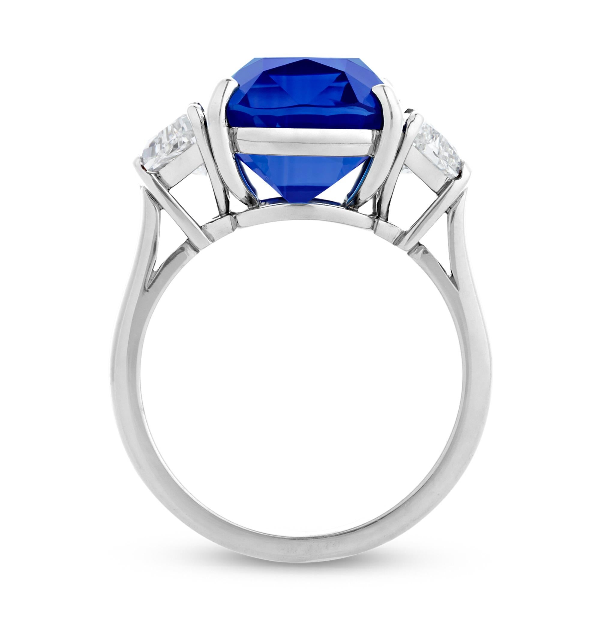 A 9.80-carat unheated Ceylon sapphire exhibits its coveted royal blue hue at the center of this ring by the celebrated designer Oscar Heyman. Ceylon sapphires are among the most sought-after colored gemstones, highly treasured by collectors for