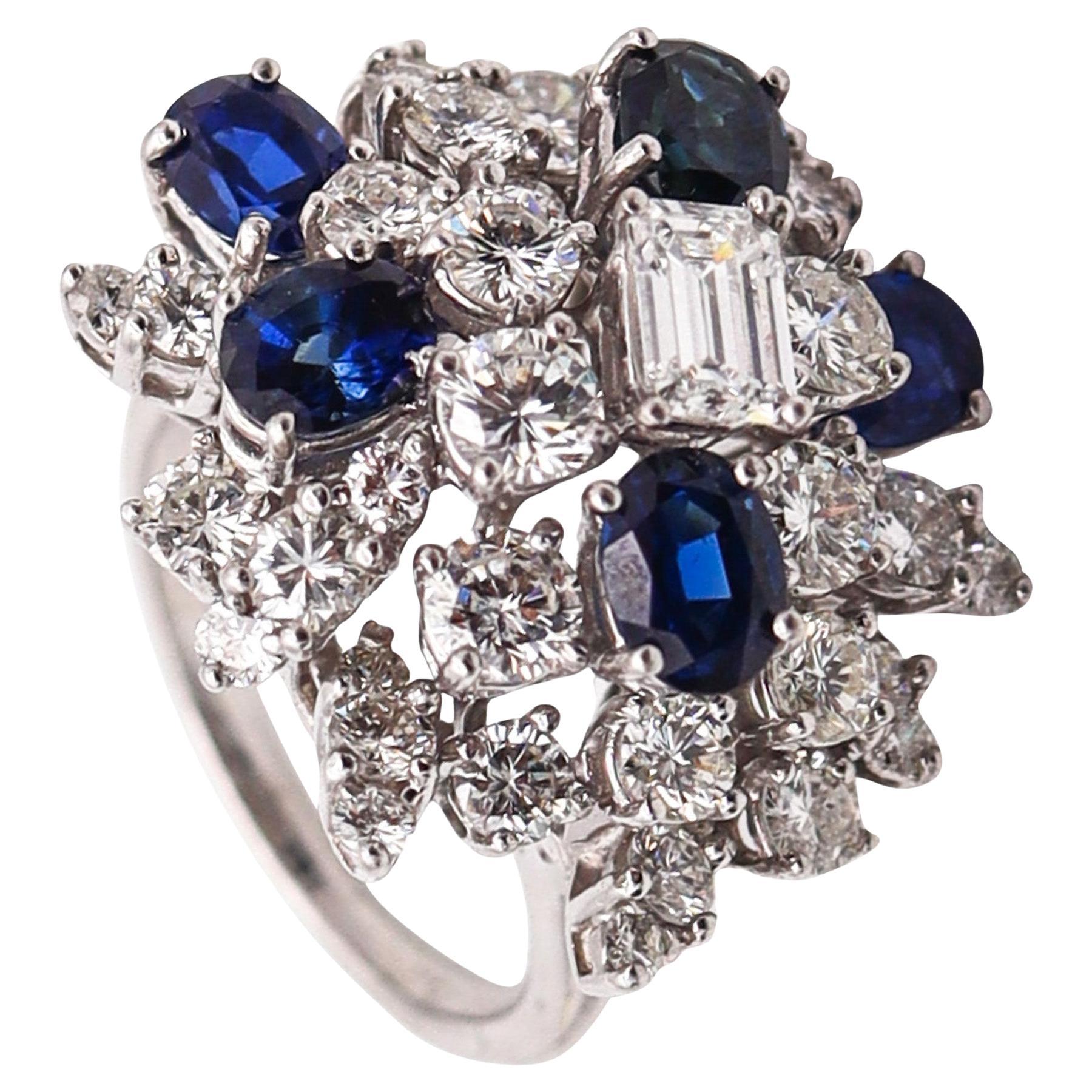 OSCAR HEYMAN Cluster Cocktail Ring Platinum With 8.78 Ctw Diamonds & Sapphires For Sale
