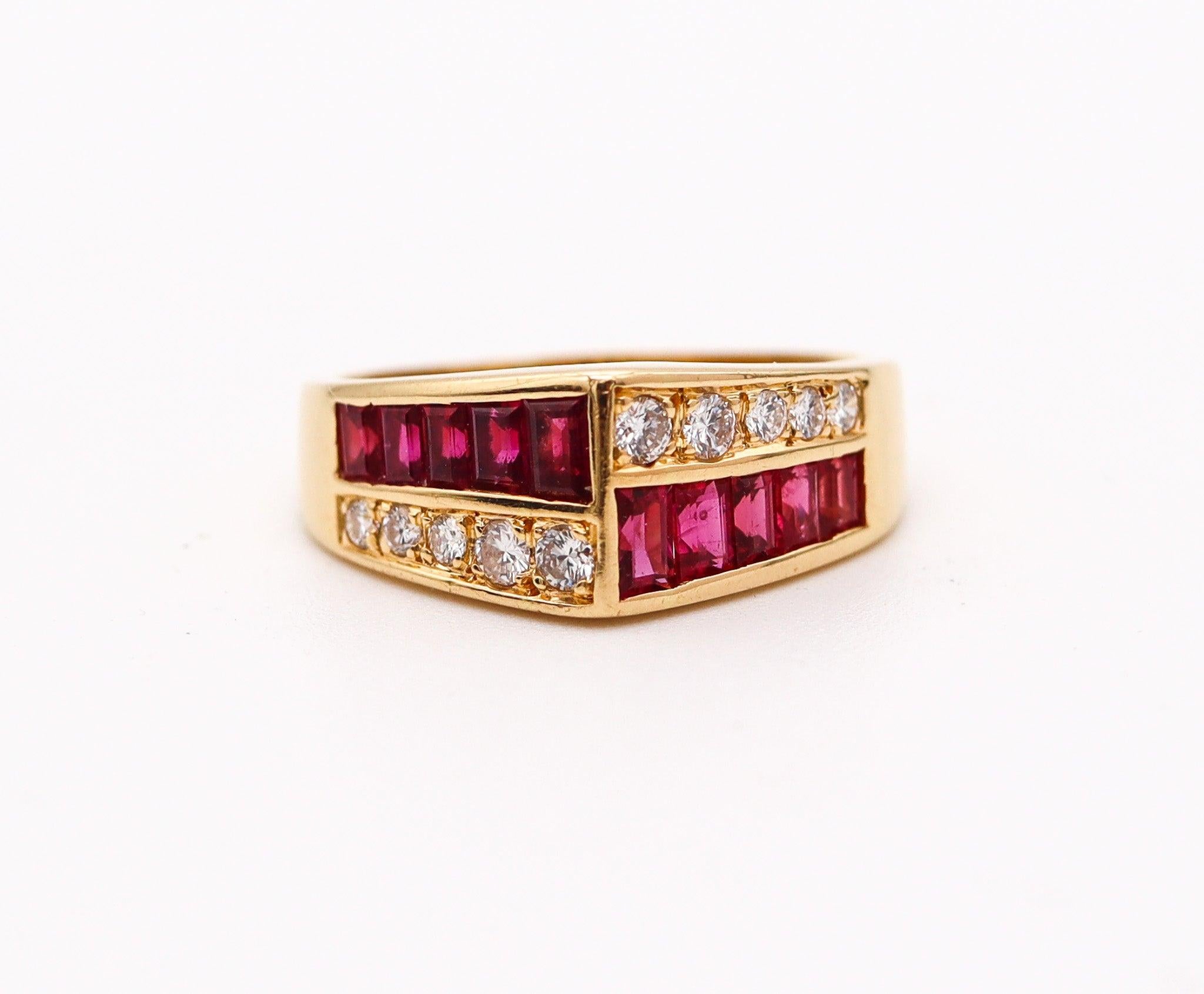 Modernist OSCAR HEYMAN Cocktail Ring  18Kt Yellow Gold With 1.52 Ctw In Diamonds & Rubies For Sale