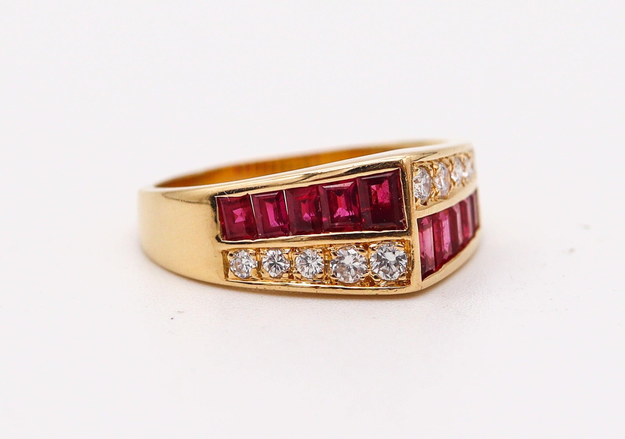 Brilliant Cut OSCAR HEYMAN Cocktail Ring  18Kt Yellow Gold With 1.52 Ctw In Diamonds & Rubies For Sale