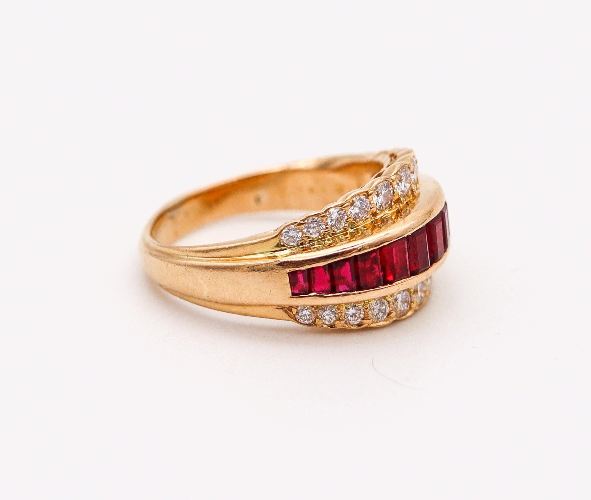 Emerald Cut OSCAR HEYMAN Cocktail Ring In 18Kt Gold With 2.64 Ctw In Diamonds And Rubies For Sale