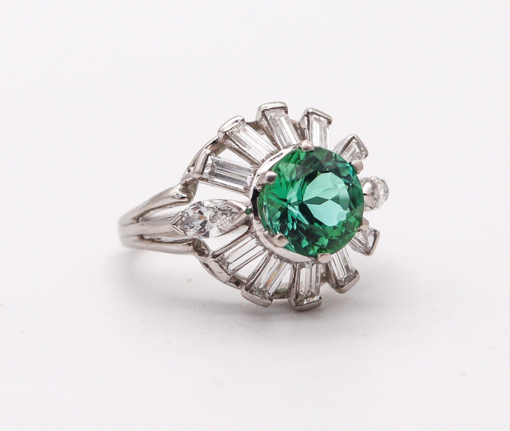 Modernist OSCAR HEYMAN Cocktail Ring In Platinum With 3.70 Ctw Diamonds & Tourmaline For Sale