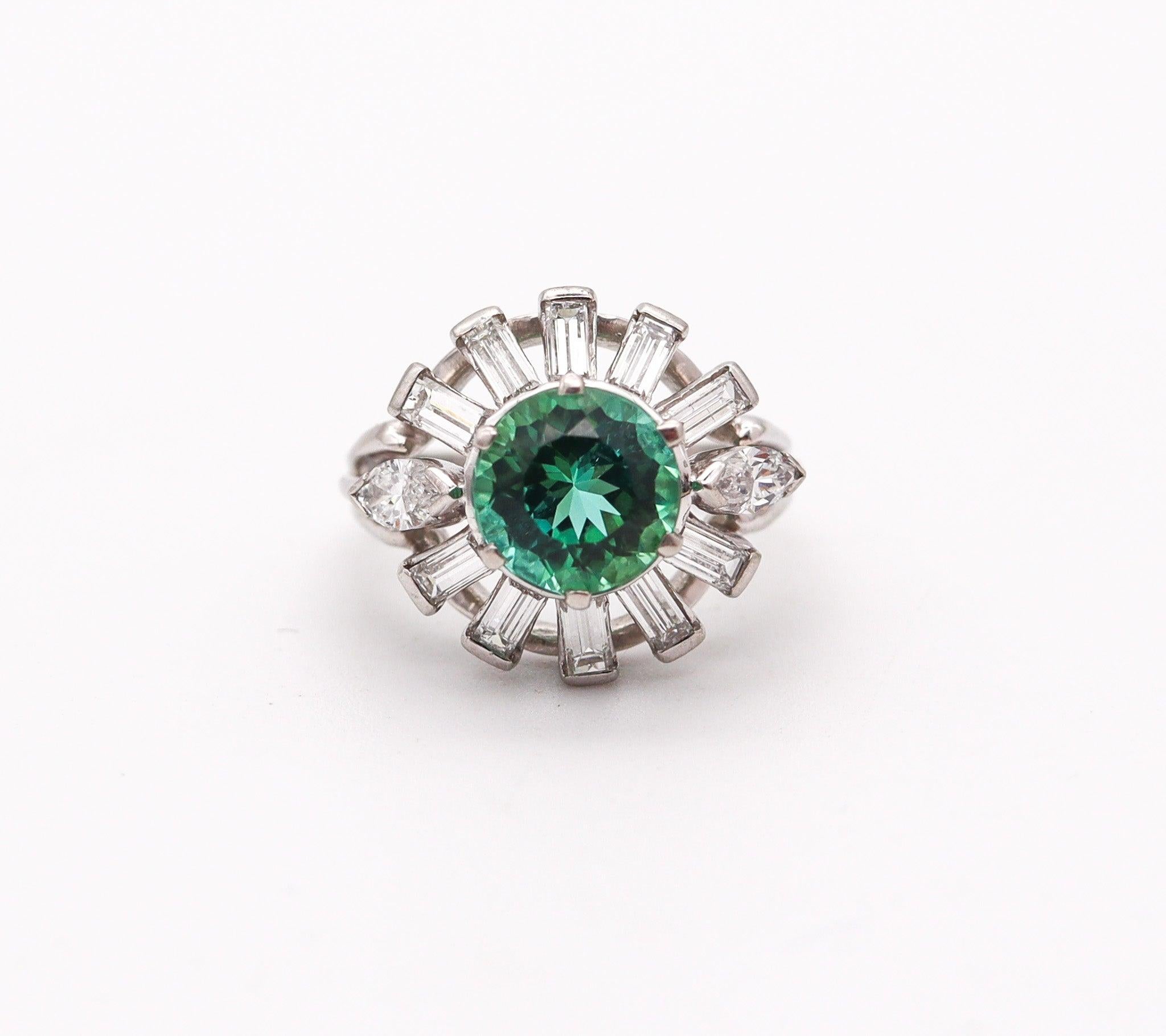 Brilliant Cut OSCAR HEYMAN Cocktail Ring In Platinum With 3.70 Ctw Diamonds & Tourmaline For Sale