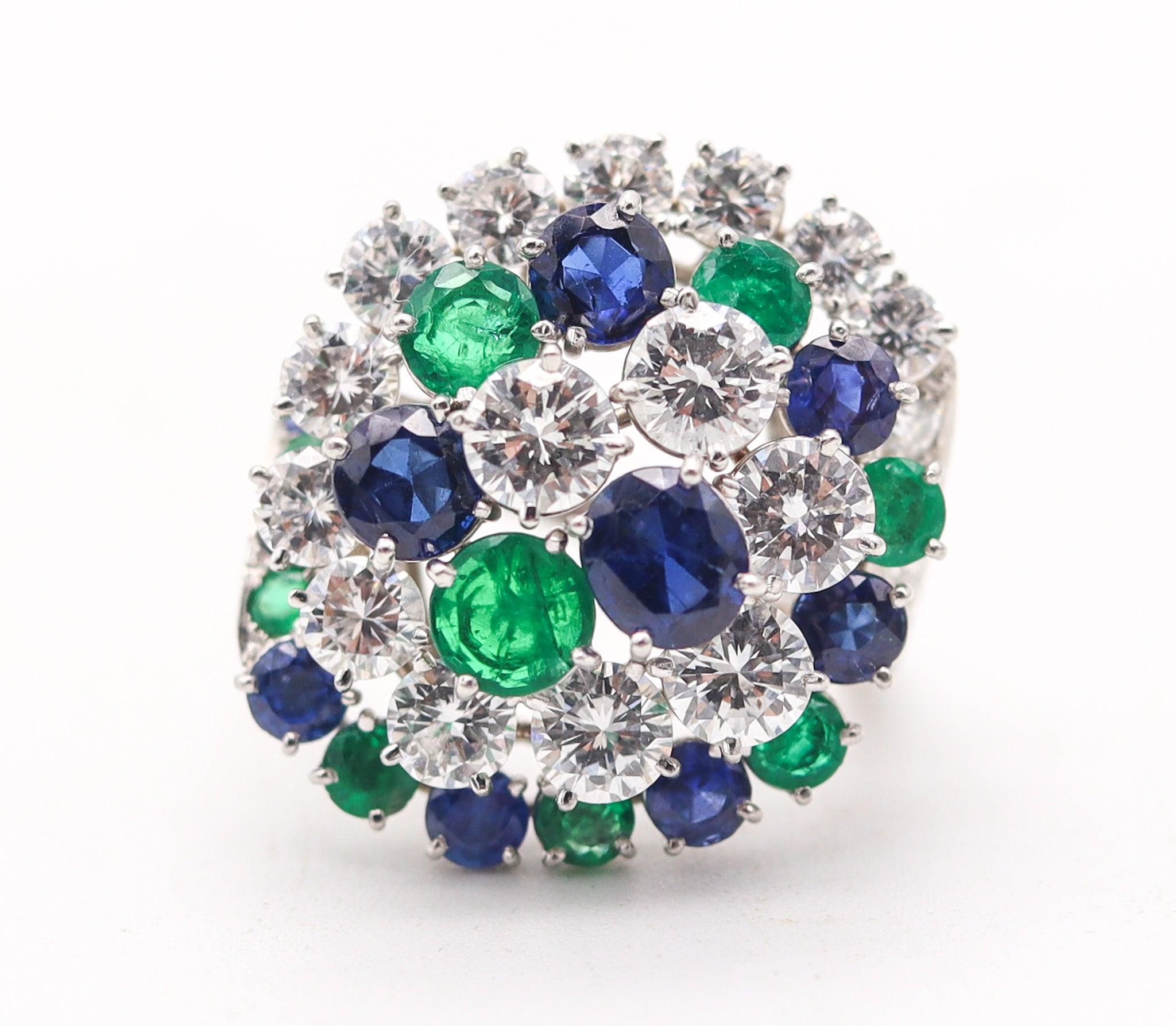 Modernist OSCAR HEYMAN Cocktail Ring Platinum With 8.78 Ctw Diamonds Sapphires Emeralds For Sale