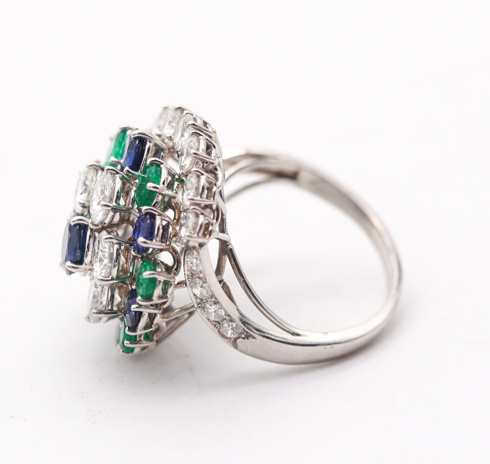 OSCAR HEYMAN Cocktail Ring Platinum With 8.78 Ctw Diamonds Sapphires Emeralds In Excellent Condition For Sale In Miami, FL