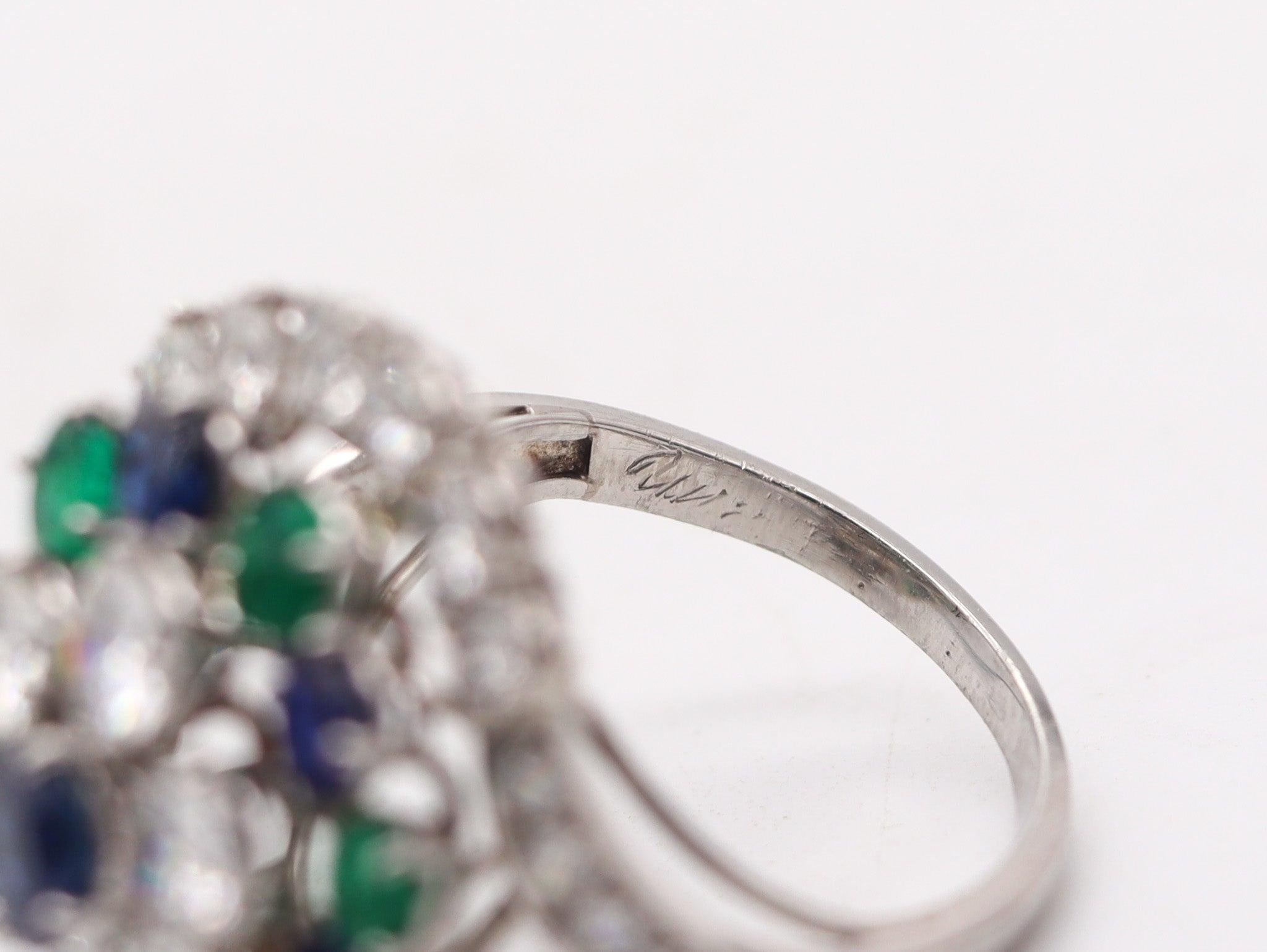 Women's OSCAR HEYMAN Cocktail Ring Platinum With 8.78 Ctw Diamonds Sapphires Emeralds For Sale