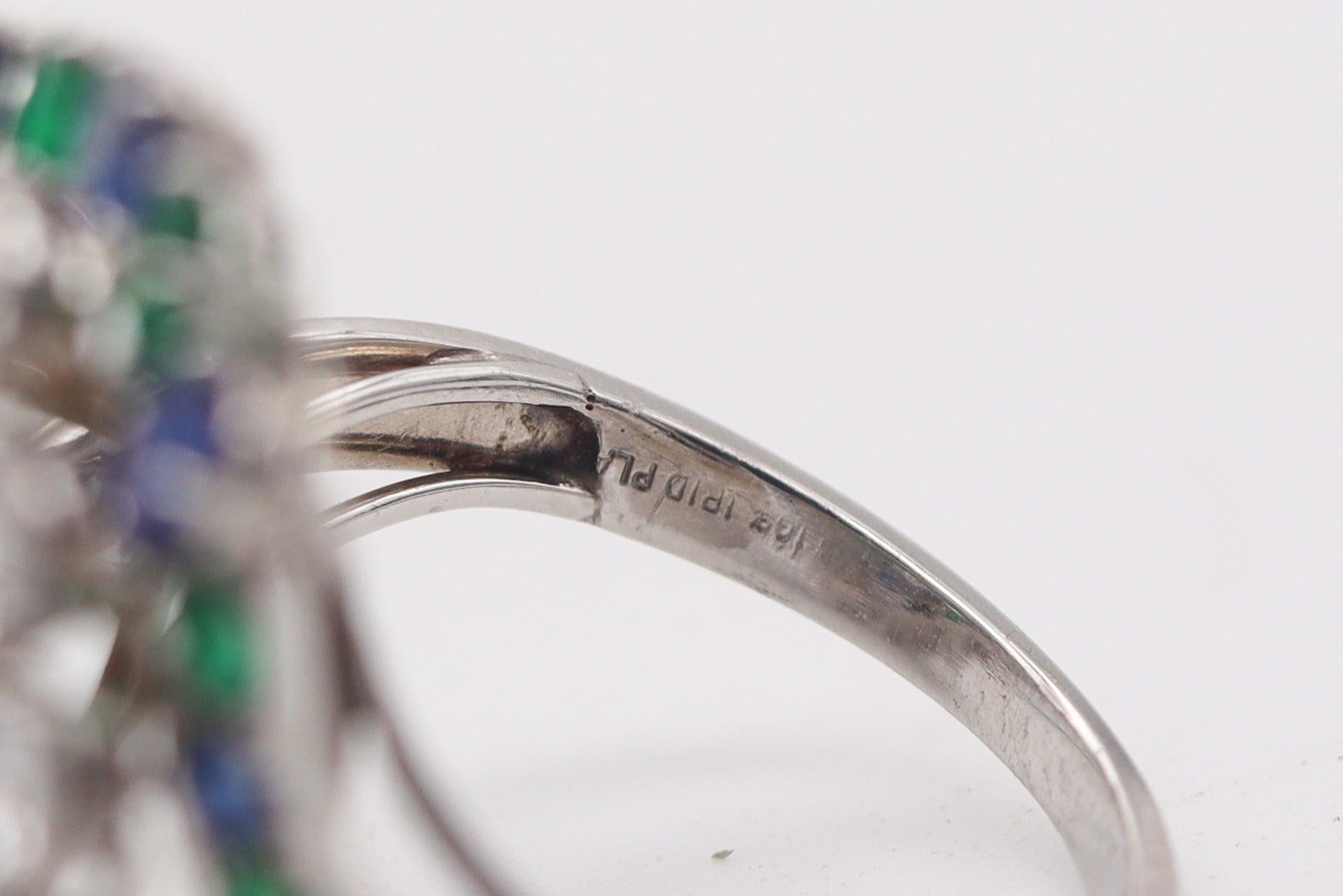 OSCAR HEYMAN Cocktail Ring Platinum With 8.78 Ctw Diamonds Sapphires Emeralds For Sale 1