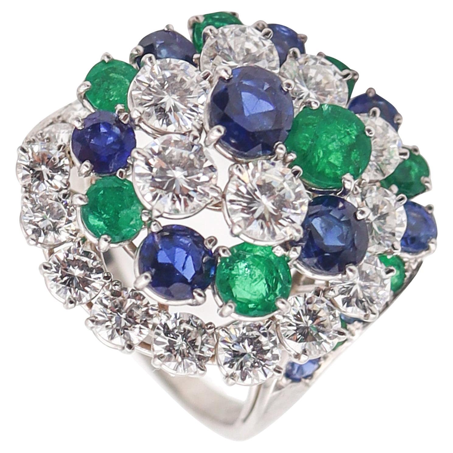 OSCAR HEYMAN Cocktail Ring Platinum With 8.78 Ctw Diamonds Sapphires Emeralds