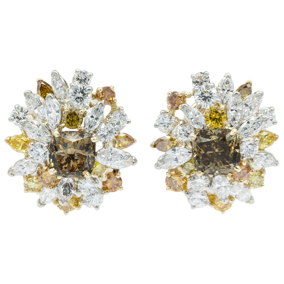 Oscar Heyman Cognac Diamond Cluster Clip Earrings For Sale