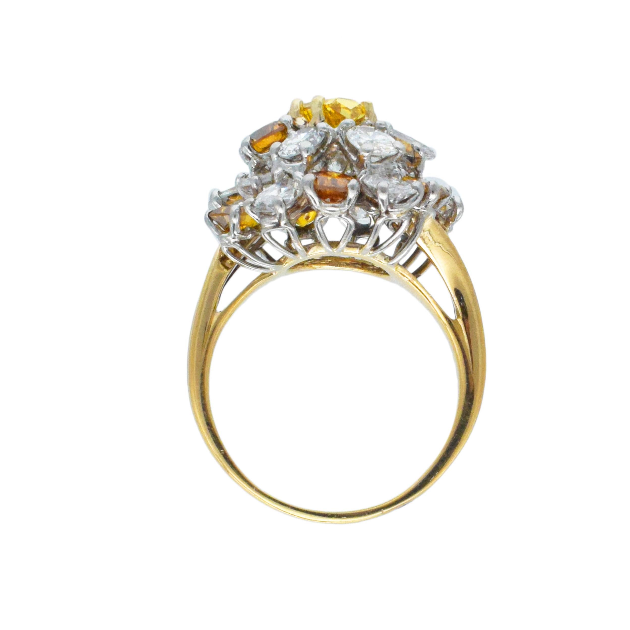 Oscar Heyman Color And White Diamond
Cluster Ring In 18k Yellow Gold And Platinum
10 colored diamonds weighing approximately 2.50c.t ( Center Yellow 0.70ct.)
11 white oval diamonds weighing approximately 2.20ct.
Oscar Heyman