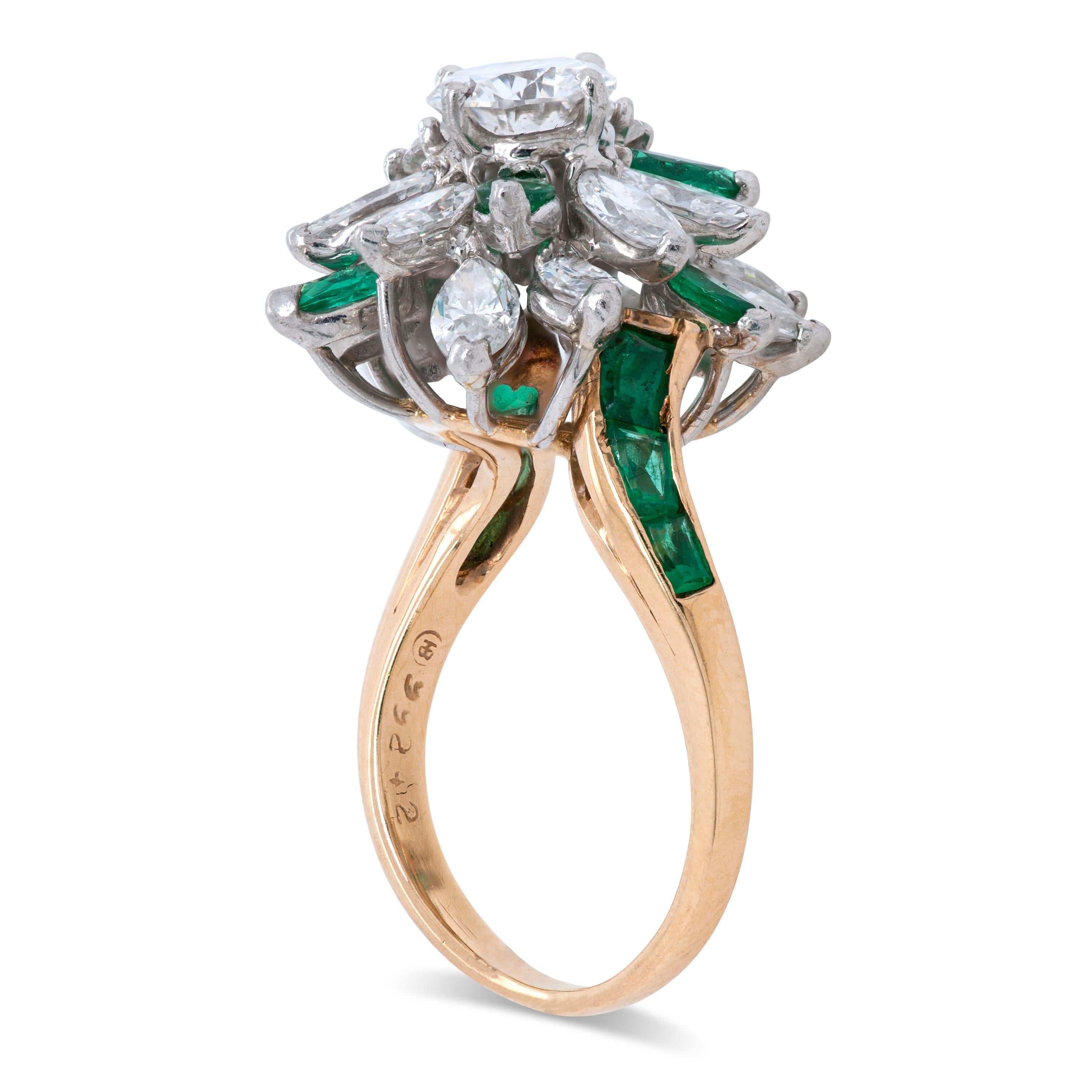Mixed Cut Oscar Heyman Diamond and Emerald 18 Karat Yellow Gold Cocktail or Cluster Ring For Sale
