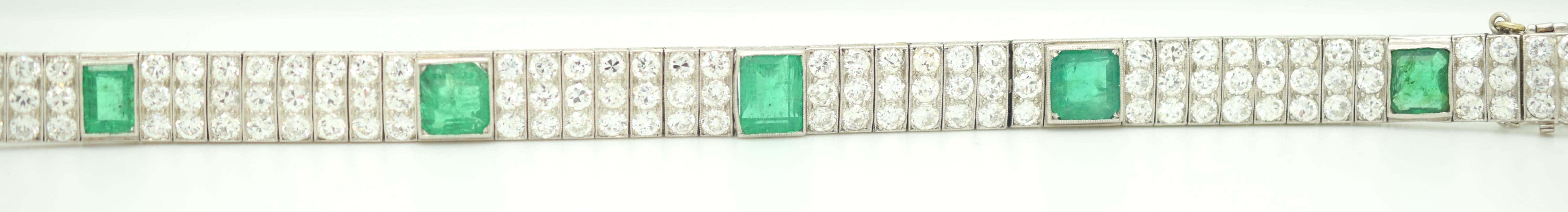 Round Cut Oscar Heyman Diamond and Emerald Art Deco Platinum Bracelet