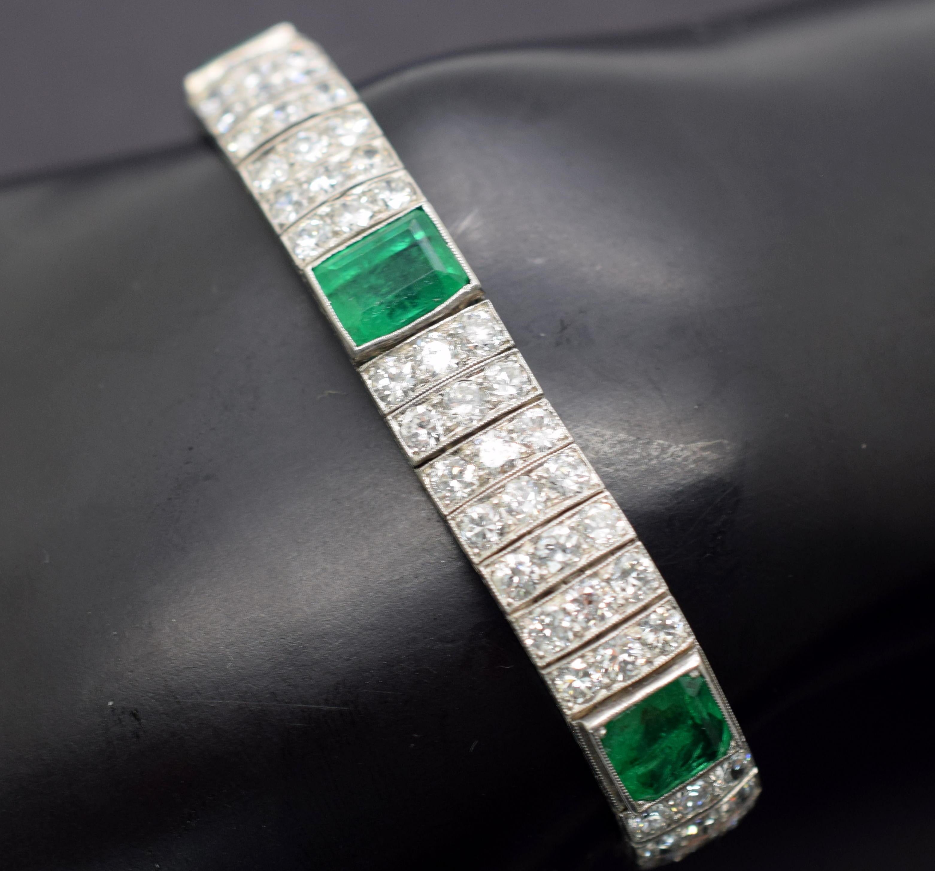 Women's Oscar Heyman Diamond and Emerald Art Deco Platinum Bracelet