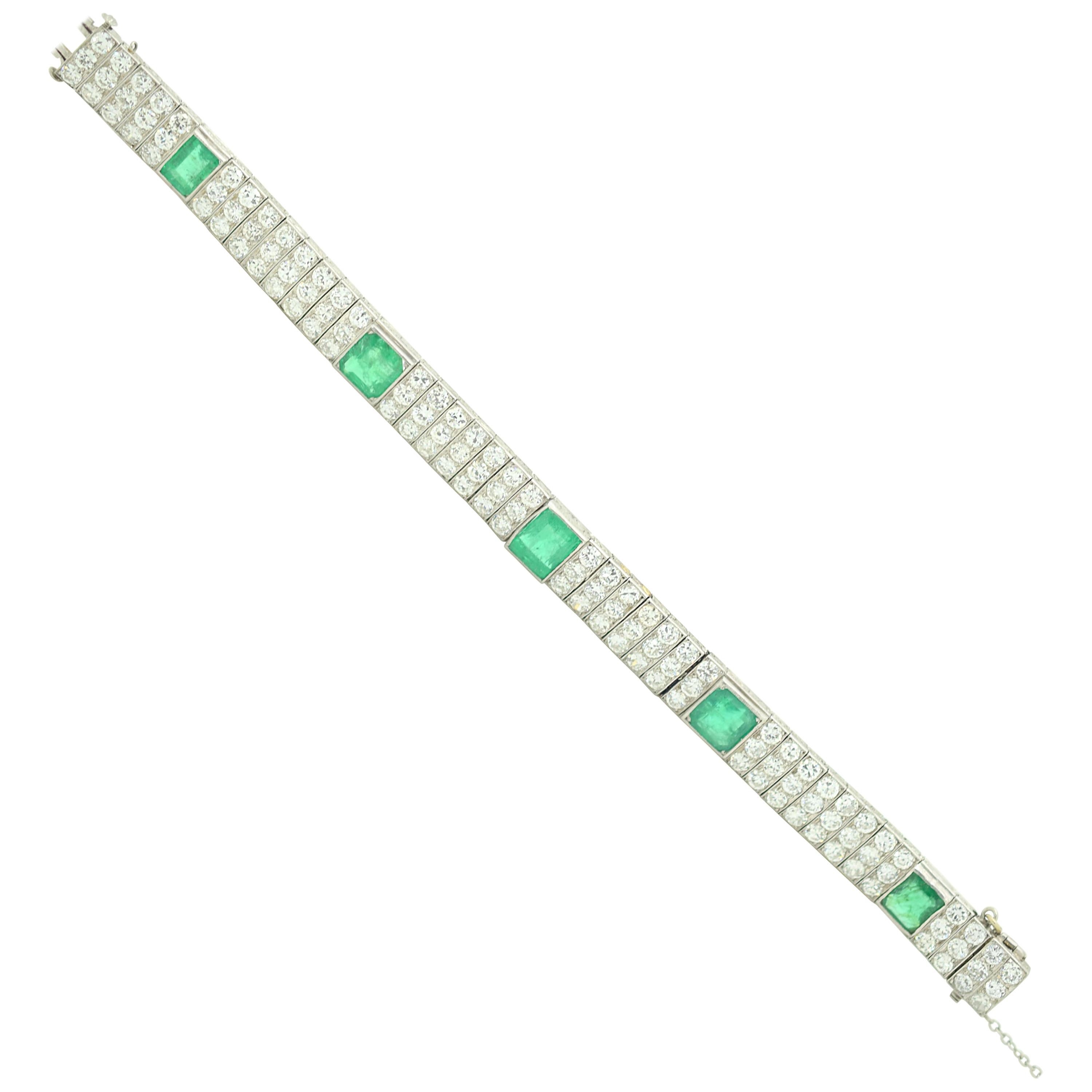 Oscar Heyman Diamond and Emerald Art Deco Platinum Bracelet