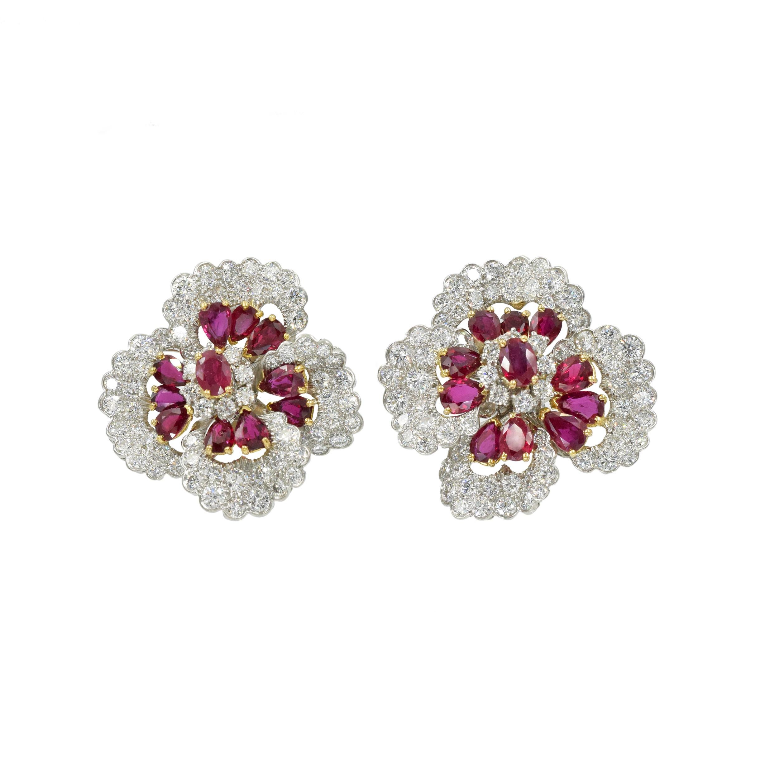 Taille ronde Oscar Heyman Boucles d'oreilles en diamants et rubis en vente