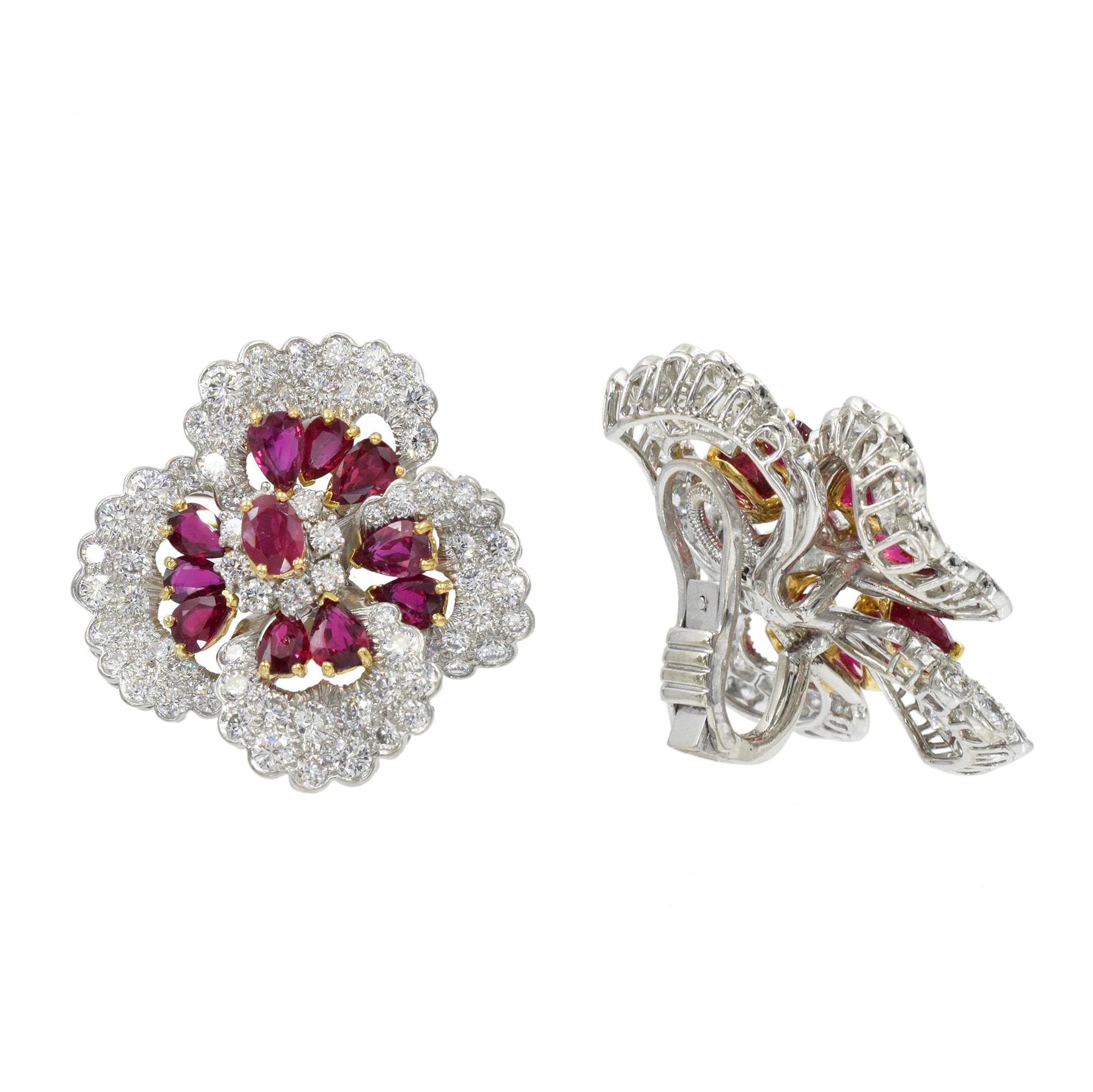 Round Cut Oscar Heyman Diamond and Ruby Earrings For Sale