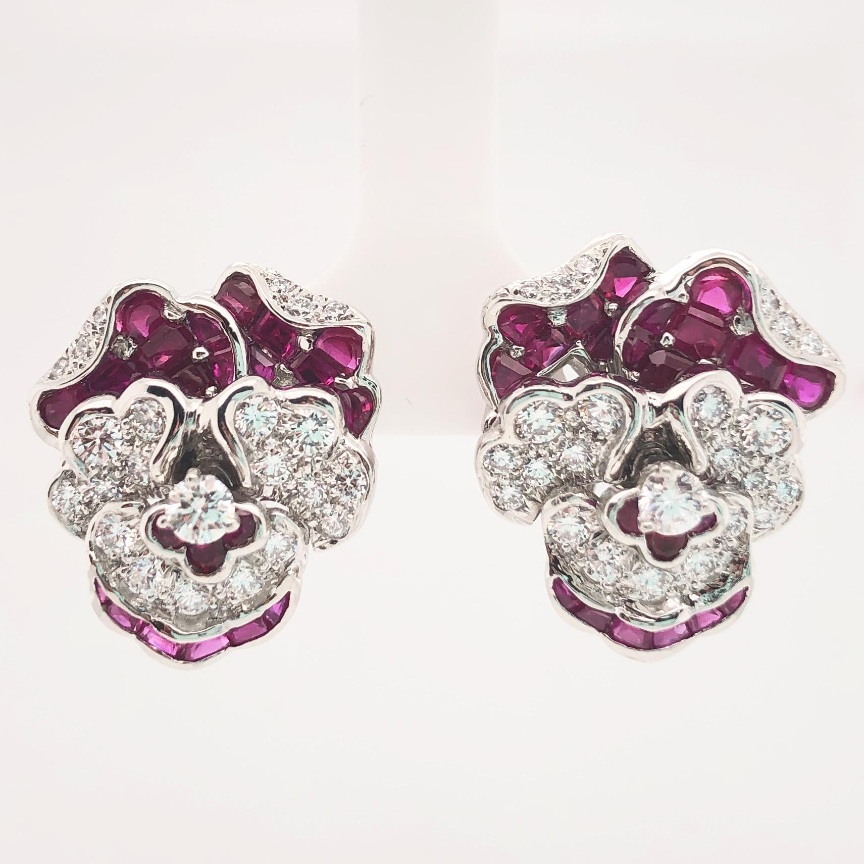 Contemporary Oscar Heyman Diamond and Ruby Pansy Clip Earrings