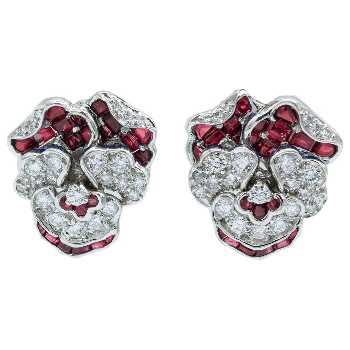 Oscar Heyman Diamond and Ruby Pansy Clip Earrings