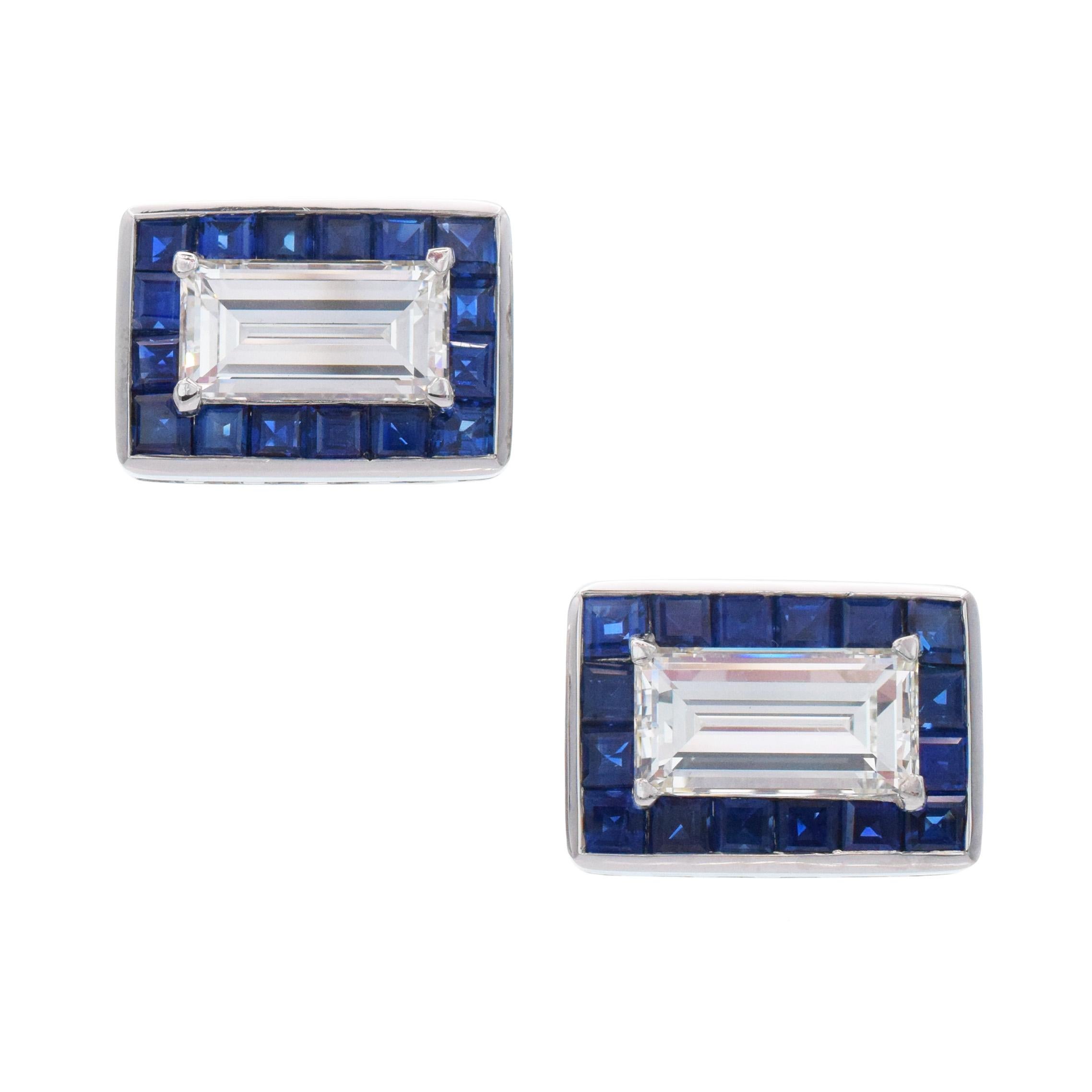 Oscar Heyman Rectangular Step Cut Diamond And Sapphire Cufflinks In Platinum. Centers of these cufflinks set with 2 emerald cut diamonds with total weight of 6.52ct:    3.29ct rectangular
step cut diamond, color J:, clarity: VS1, GIA#2235531254 and