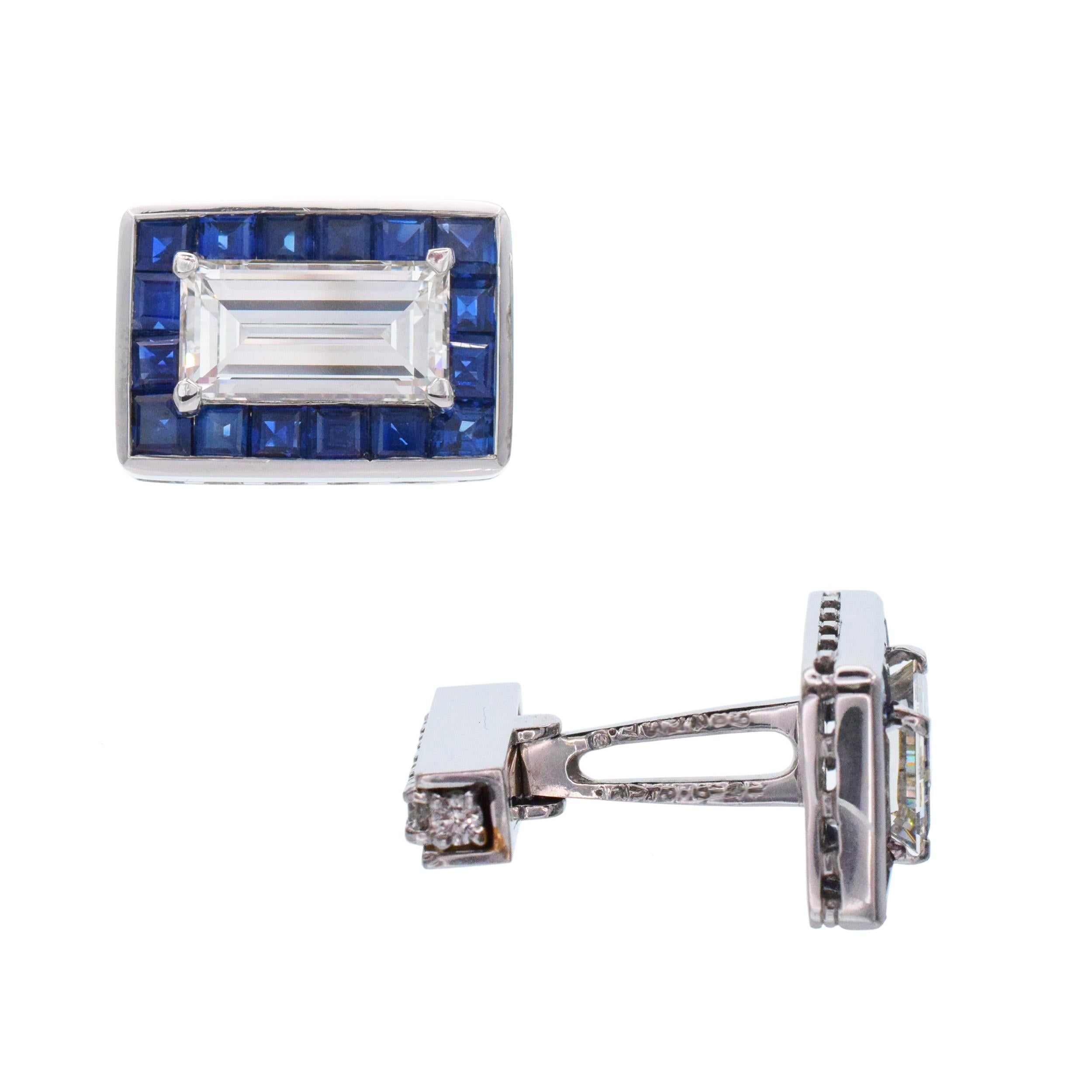 Emerald Cut Oscar Heyman Diamond and Sapphire Cufflinks For Sale